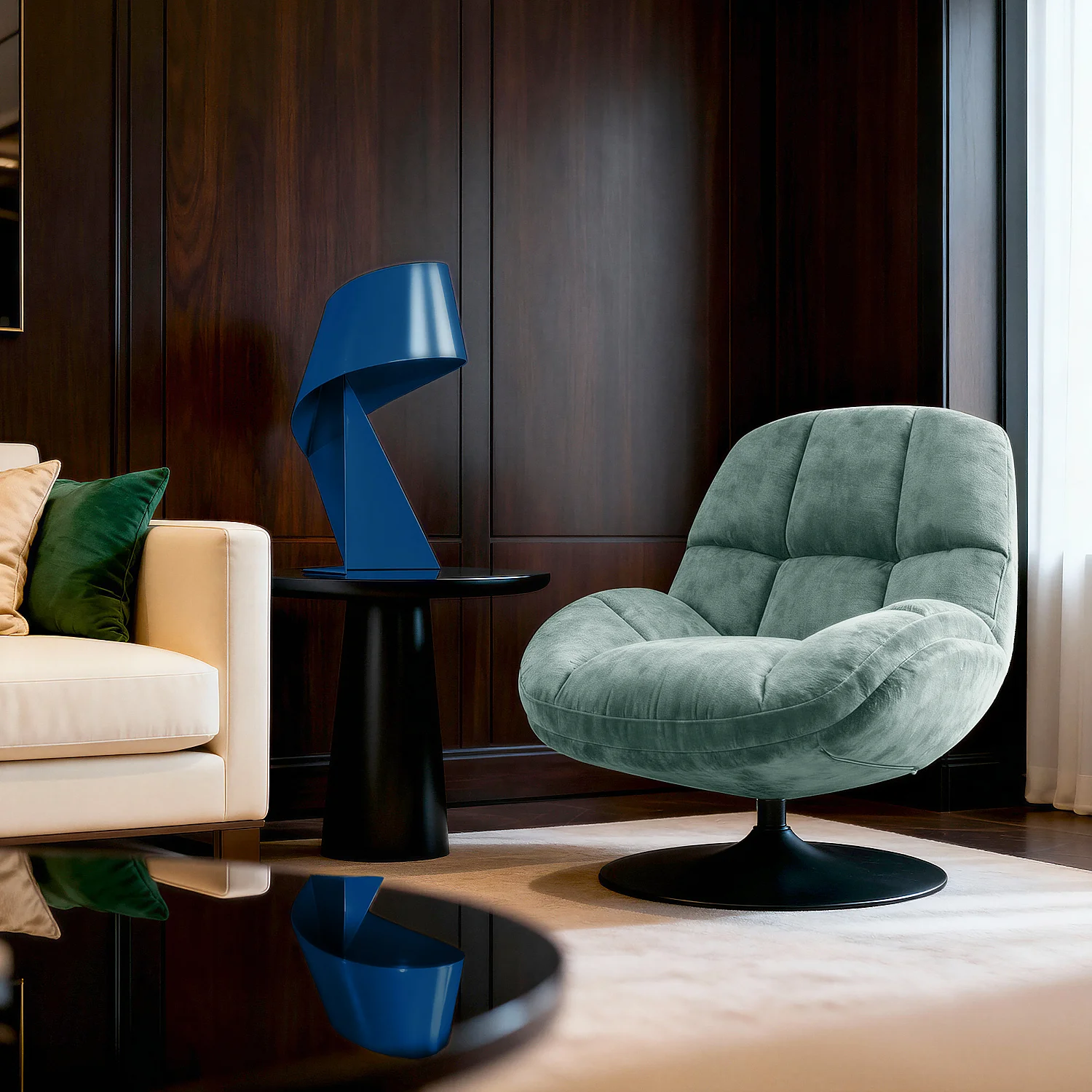 Fauteuil pivotant en tissu chenille et métal chromé - Bleu ciel - 3