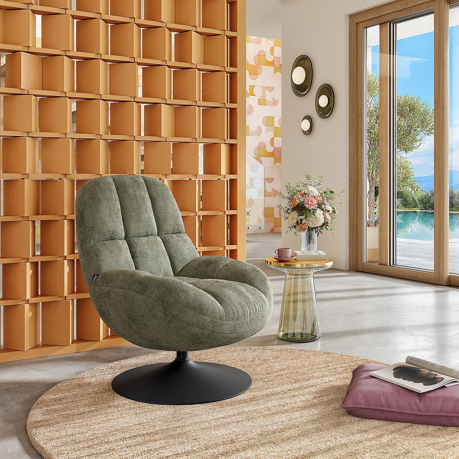 Fauteuil pivotant en tissu chenille et métal mat - Vert kaki et noir - 1