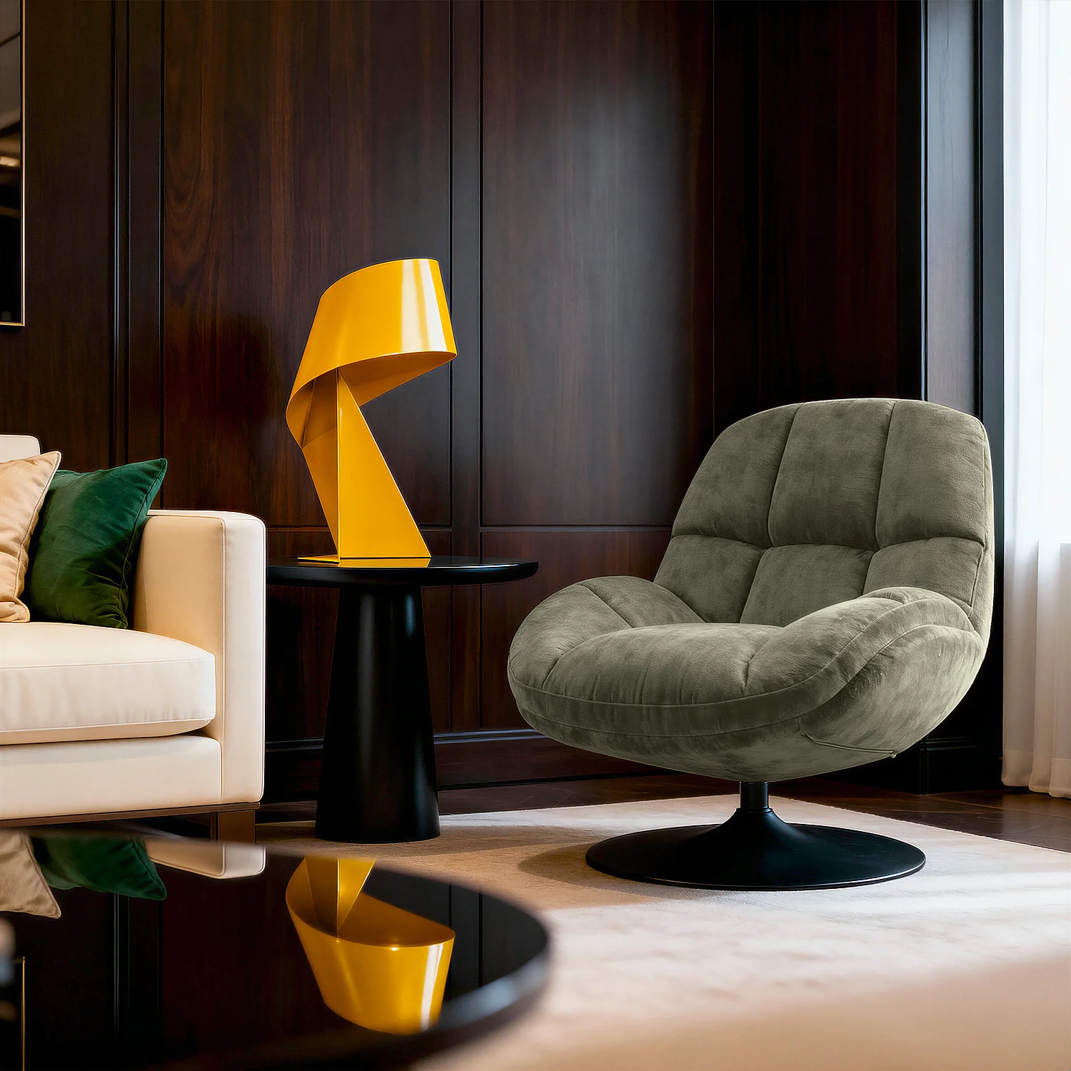 Fauteuil pivotant en tissu chenille et métal mat - Vert kaki et noir - 3