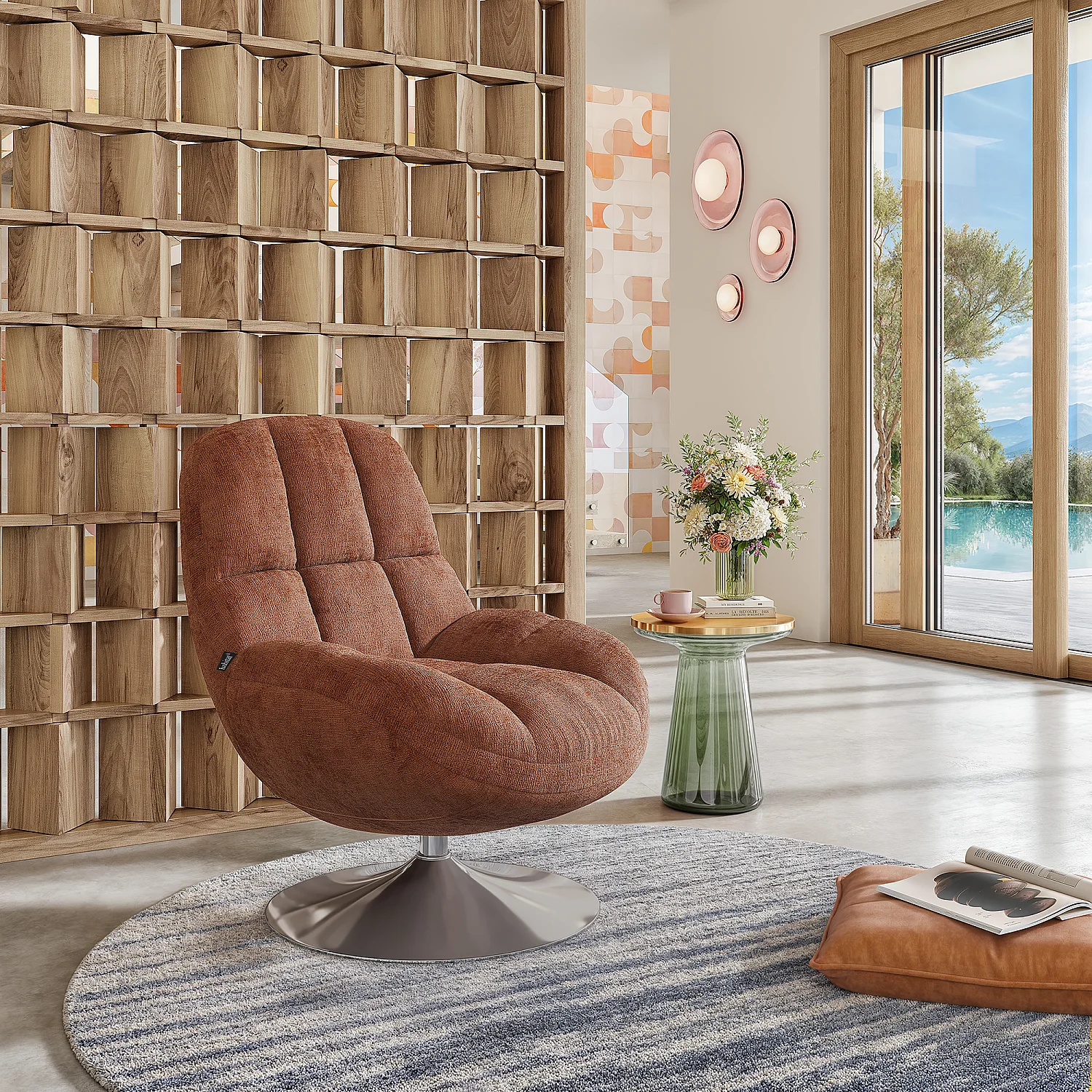 Fauteuil pivotant en tissu chenille et métal chromé - Terracotta - 8