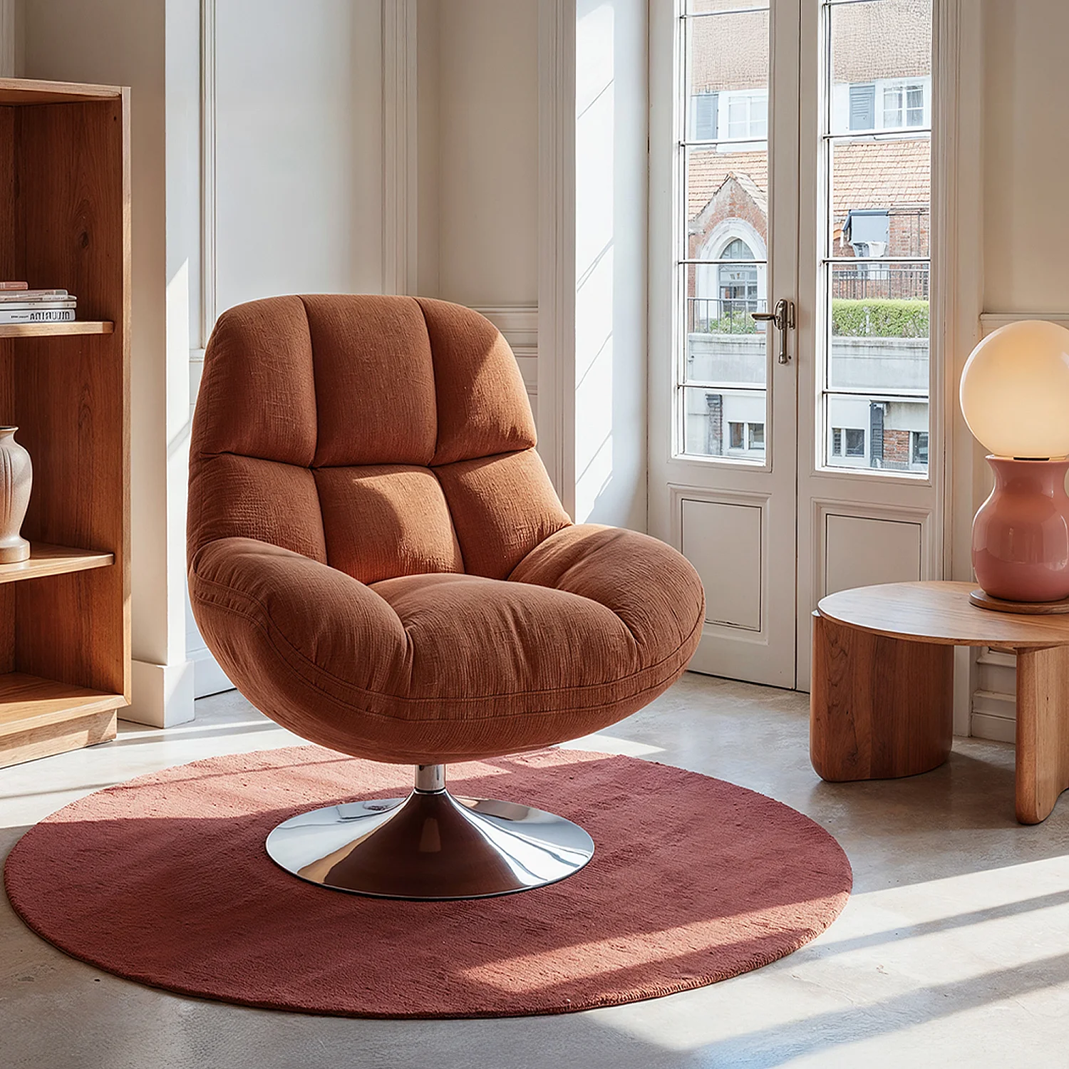 Fauteuil pivotant en tissu chenille et métal chromé - Terracotta - 1