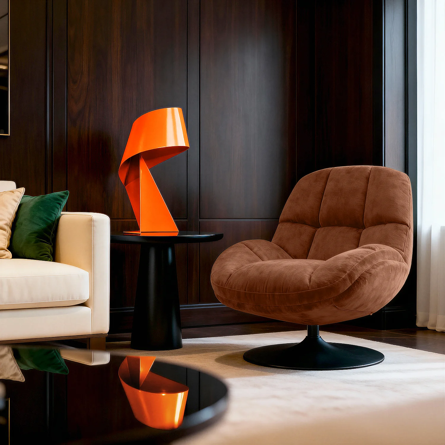 Fauteuil pivotant en tissu chenille et métal chromé - Terracotta - 3