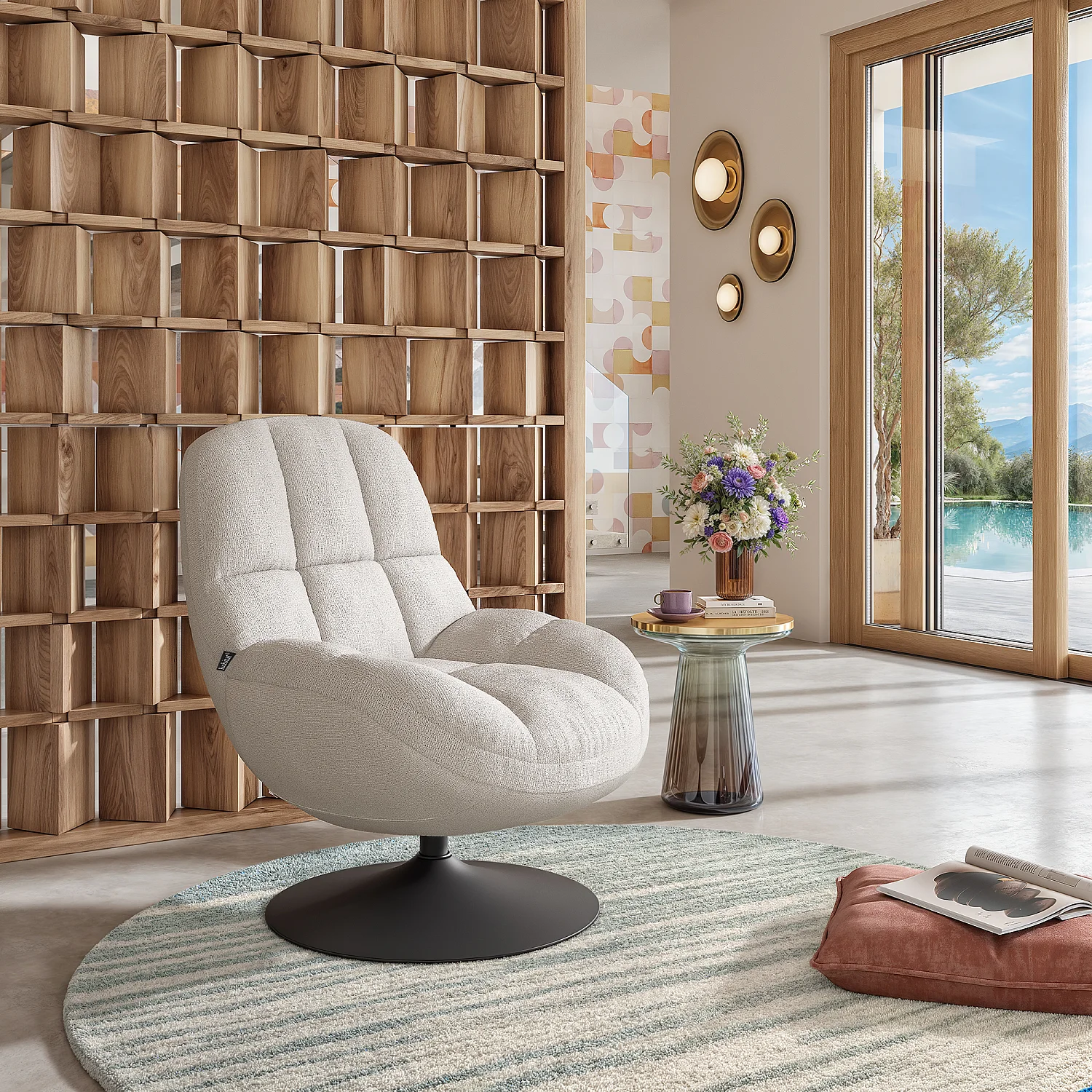 Fauteuil pivotant en tissu chenille et métal mat - Crème et noir - 1