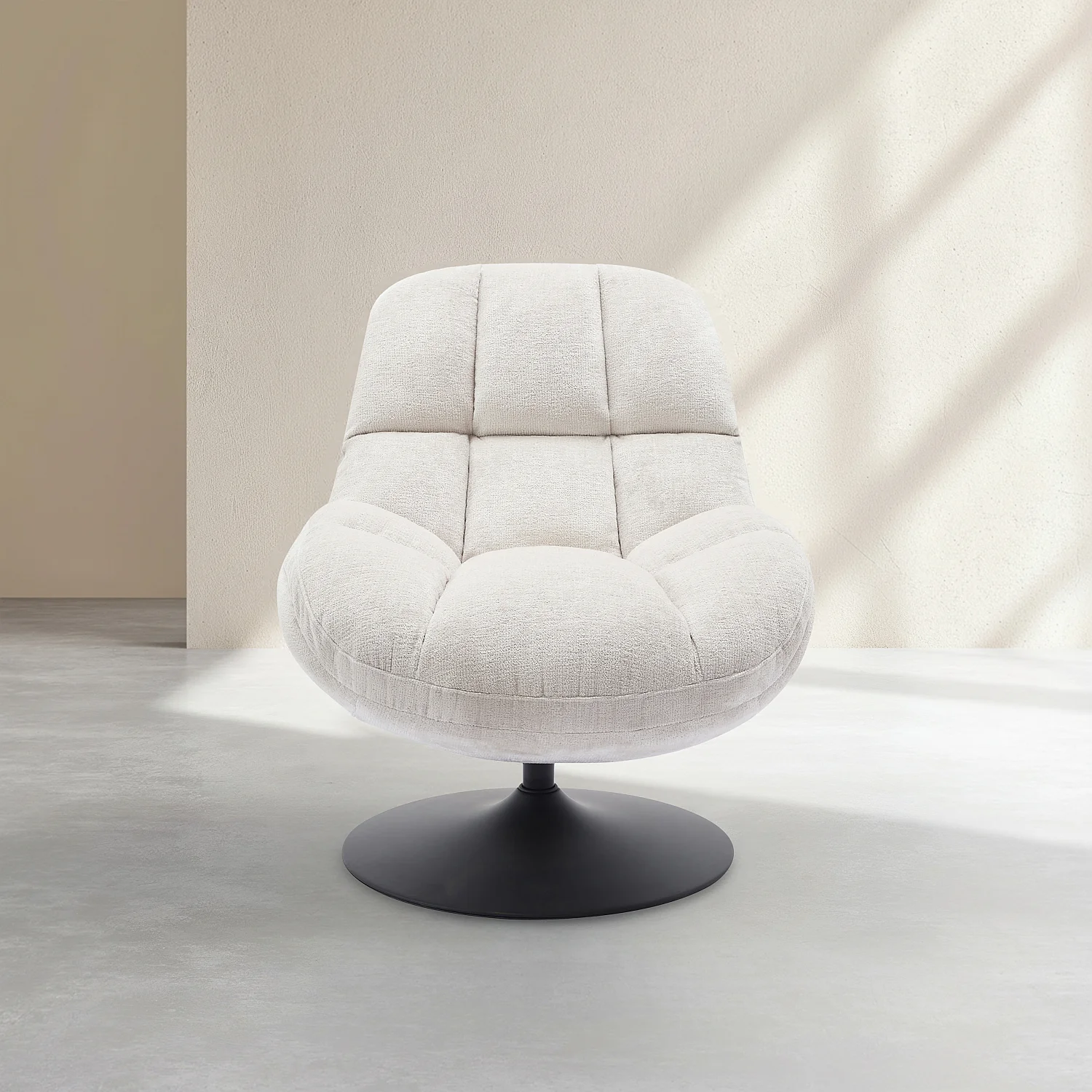 Poltrona girevole in tessuto di chenille e metallo opaco - Crema e nero - 3