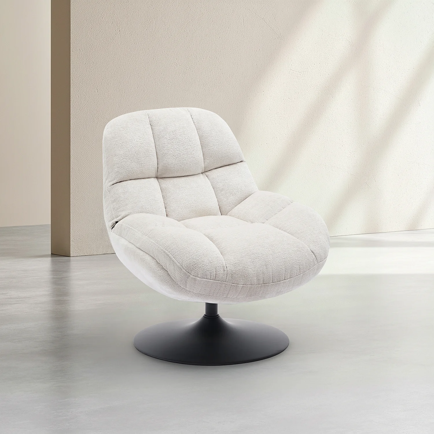 Poltrona girevole in tessuto di chenille e metallo opaco - Crema e nero - 5