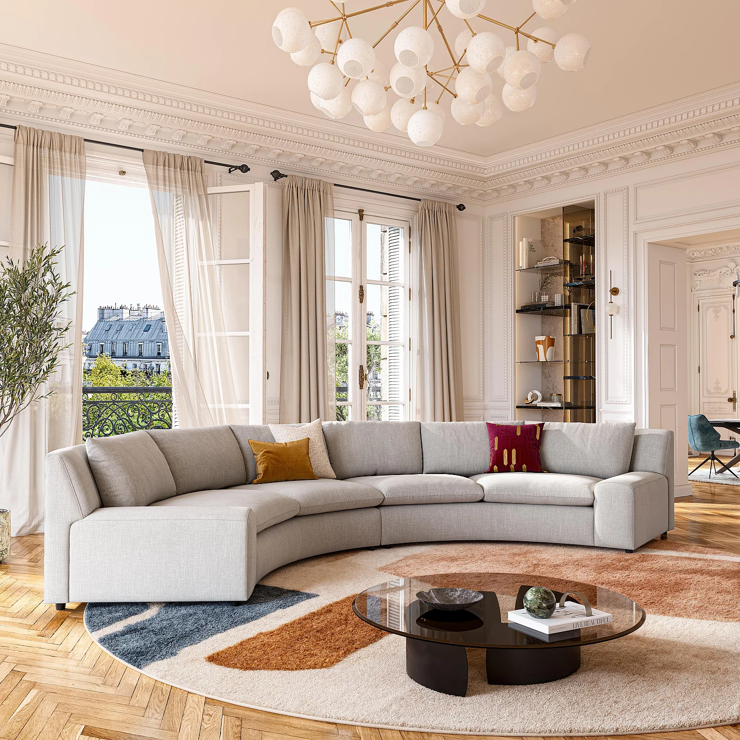 Grand canapé d'angle arrondi déhoussable en tissu - Gris clair - 3