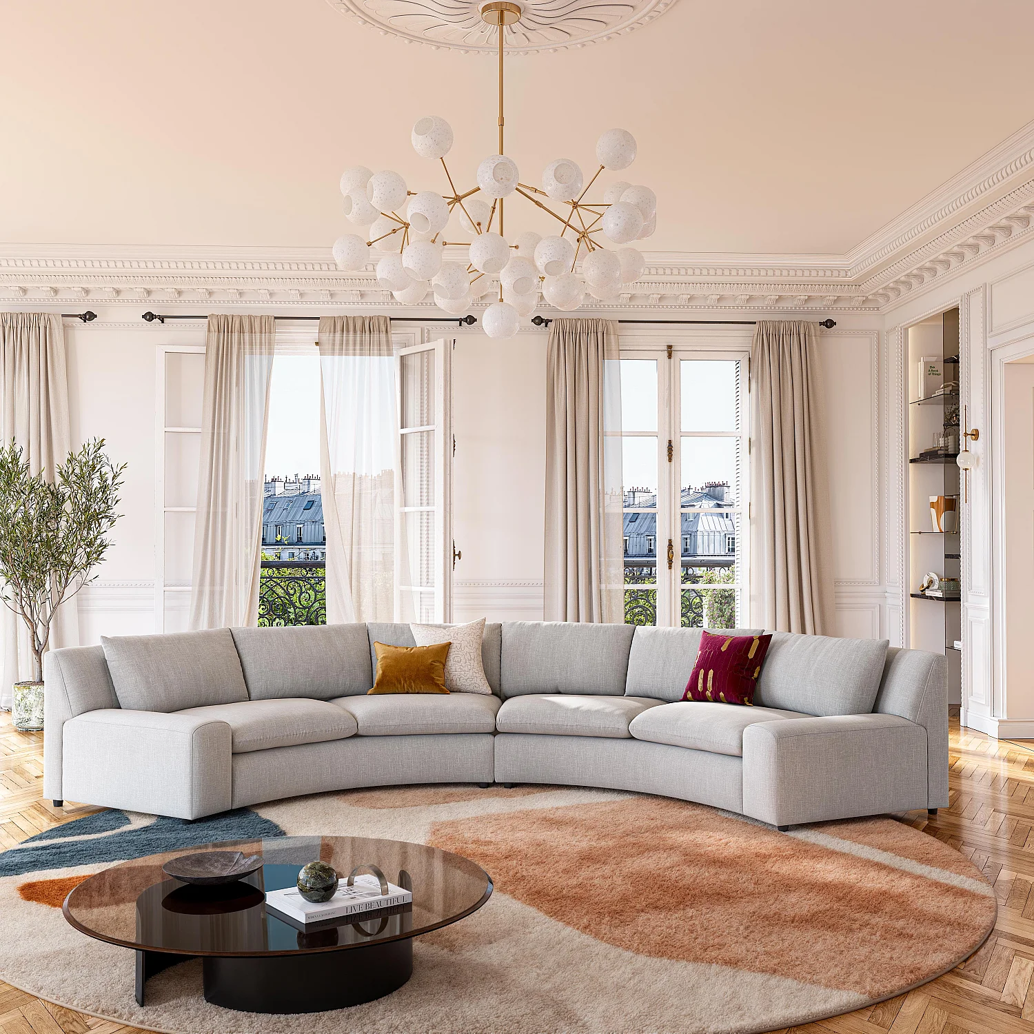 Grand canapé d'angle arrondi déhoussable en tissu - Gris clair - 1