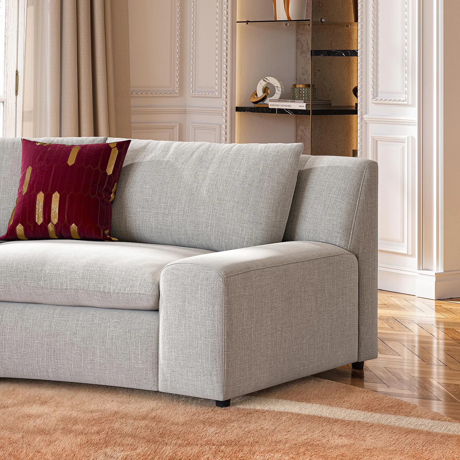 Grand canapé d'angle arrondi déhoussable en tissu - Gris clair - 7