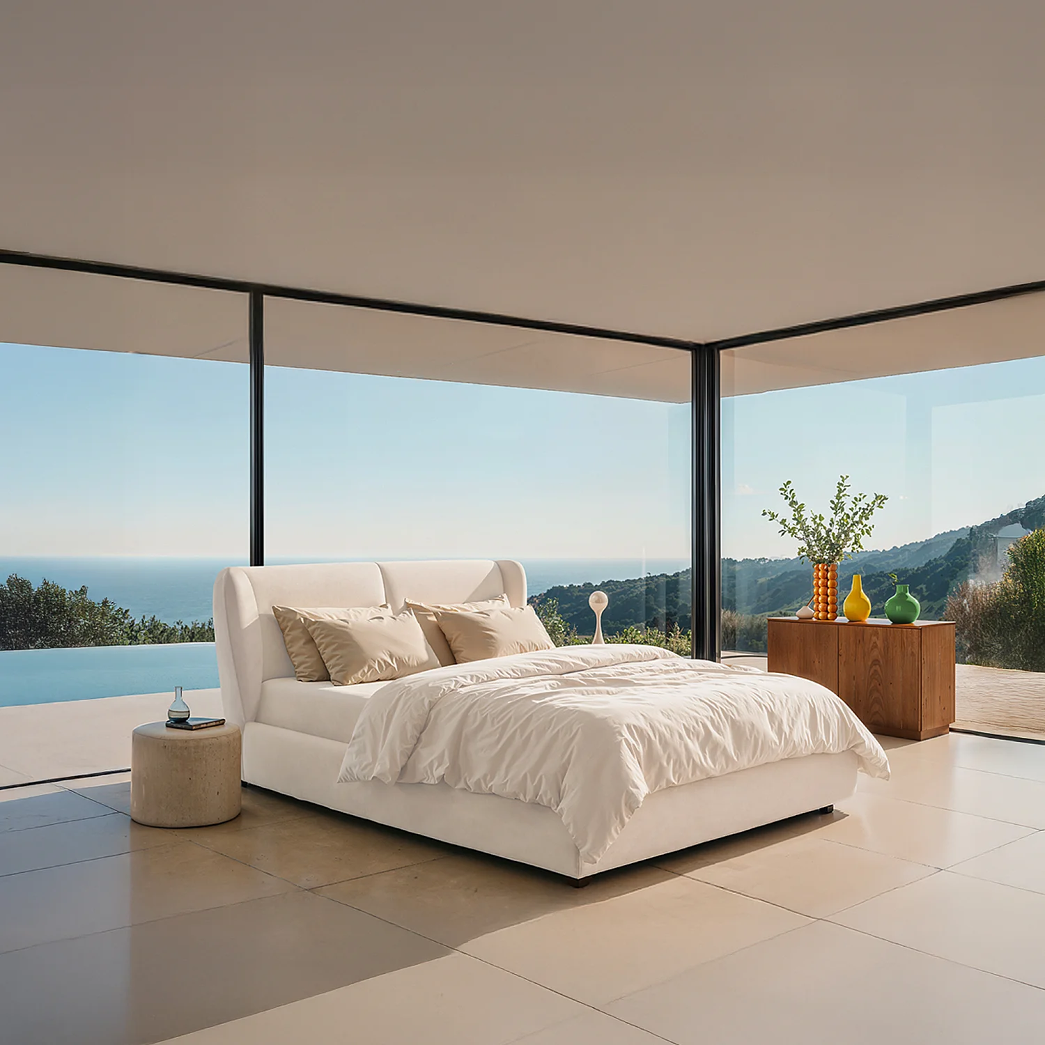 Cama arcón 160 x 200 cm en tejido bouclé fino - Beige crema - 8