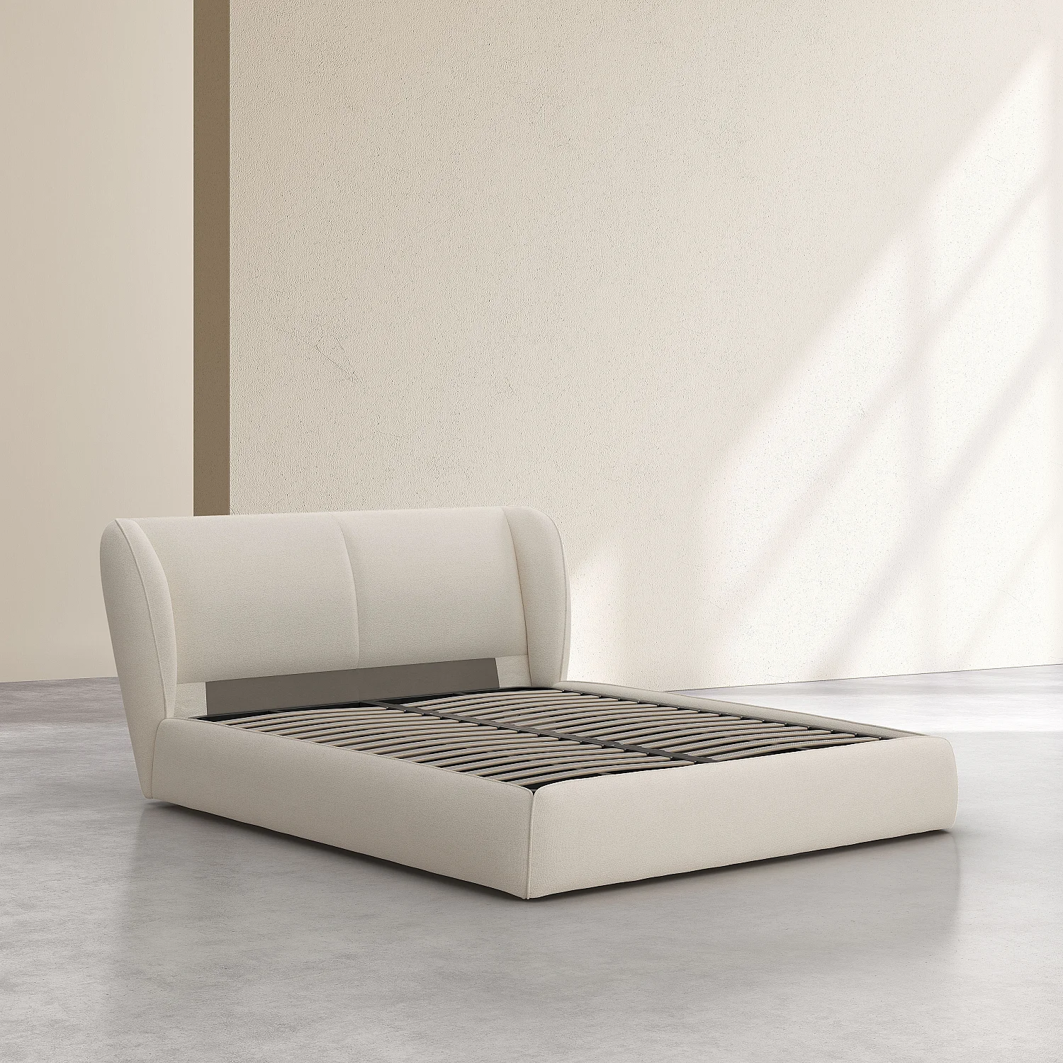 Lit coffre 160 x 200 cm en tissu bouclette courte - Beige meringue - 14