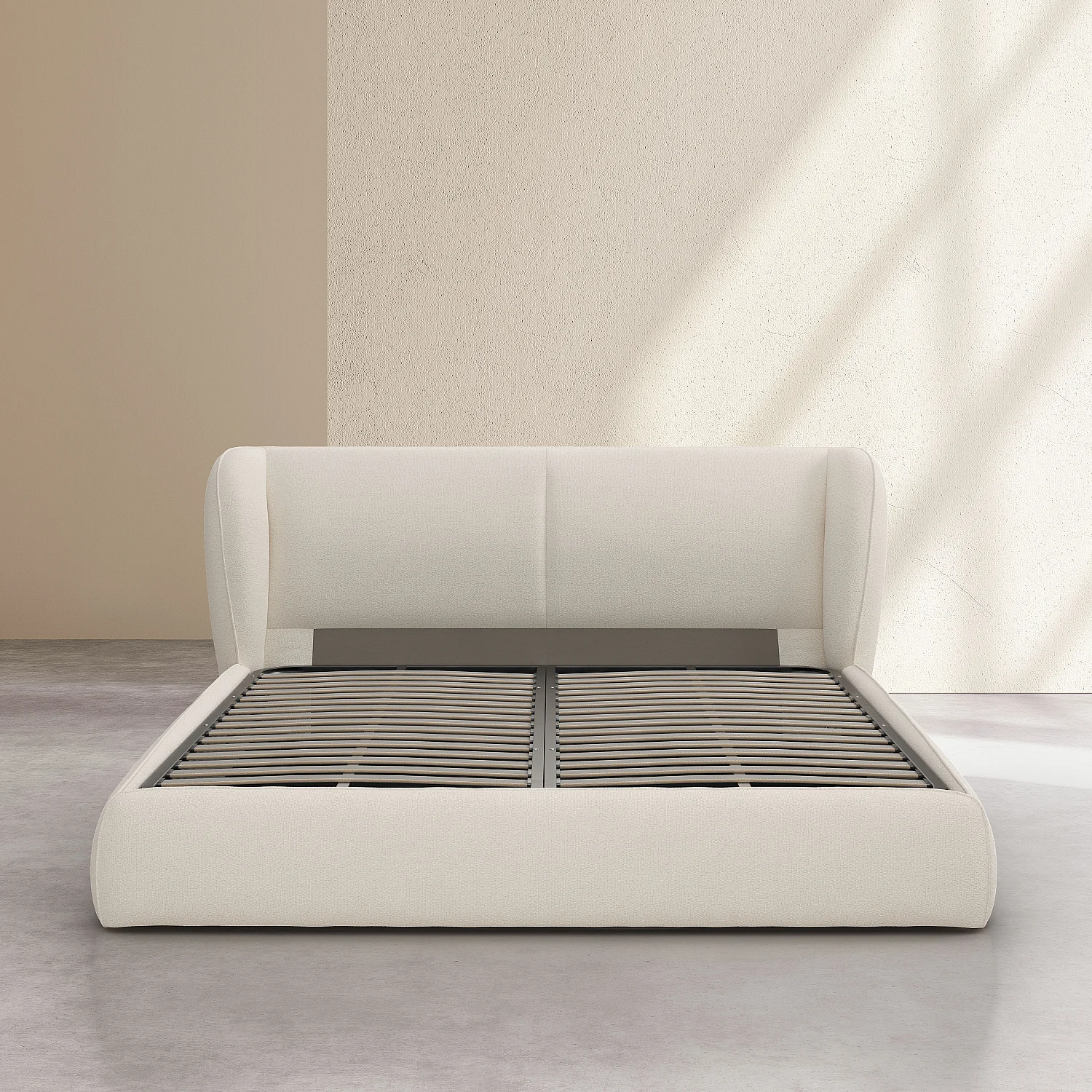 Lit coffre 180 x 200 cm en tissu bouclette courte - Beige meringue - 14