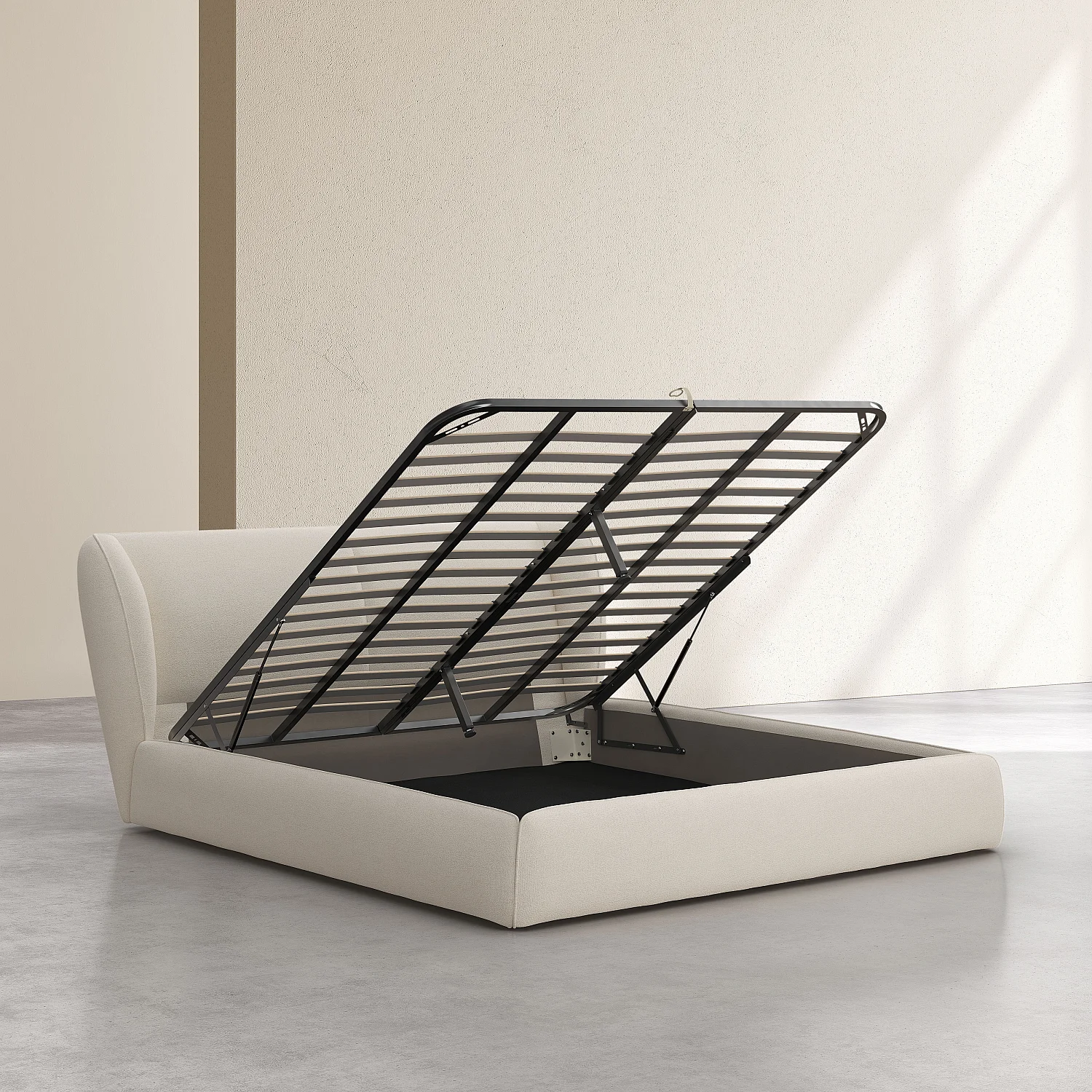 Lit coffre 180 x 200 cm en tissu bouclette courte - Beige meringue - 13