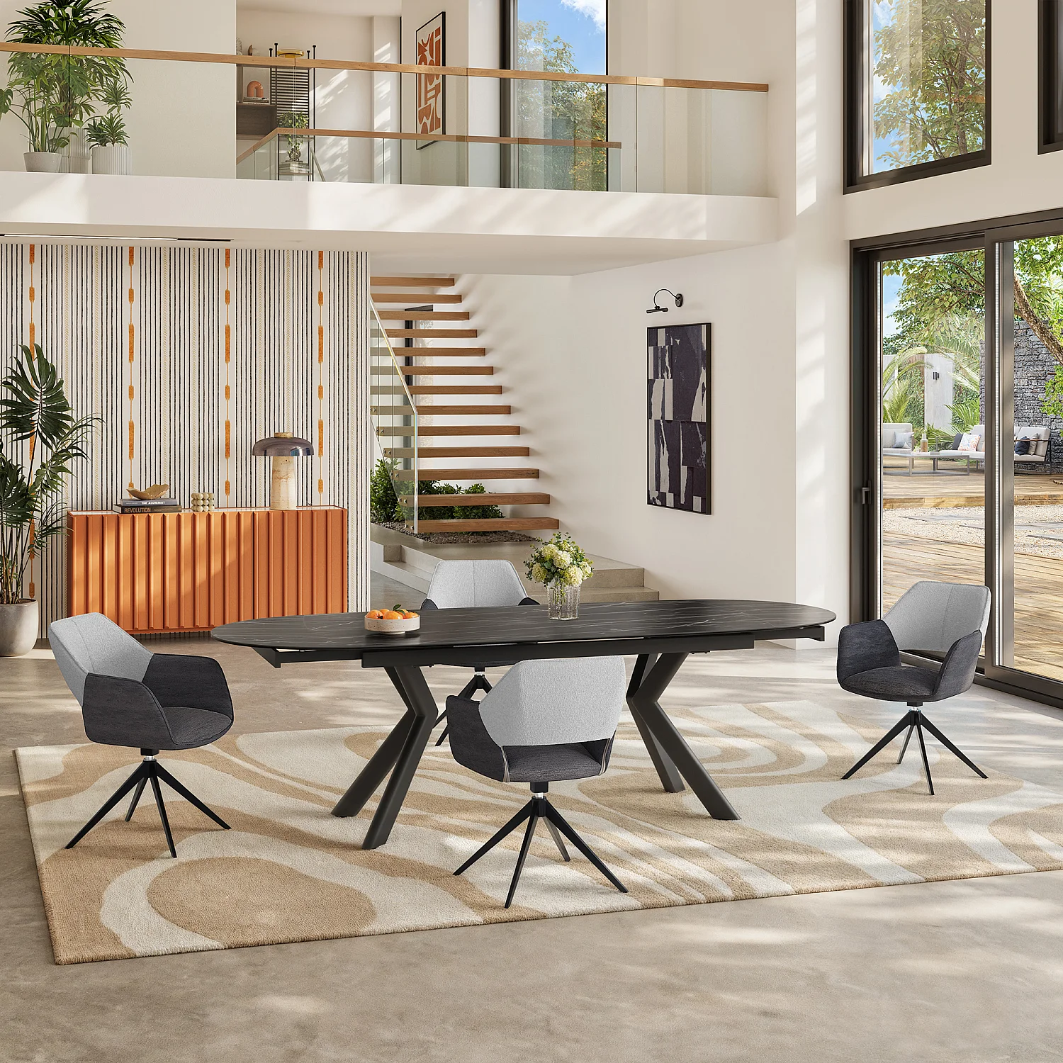 Drehstuhl 2er-Set - aus Stoff und schwarzem Metall - mit Armlehnen - Schiefergrau und Grau-Beige - 1