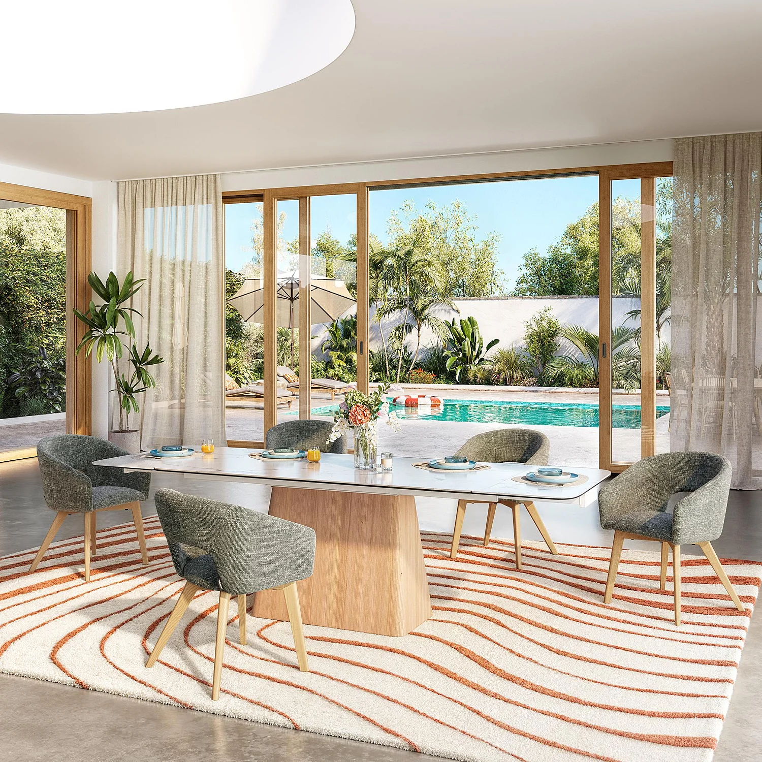 Stuhl 2er-Set - Chenille-Stoff und Massivholz - mit Armlehnen - Grün und Eiche - 1