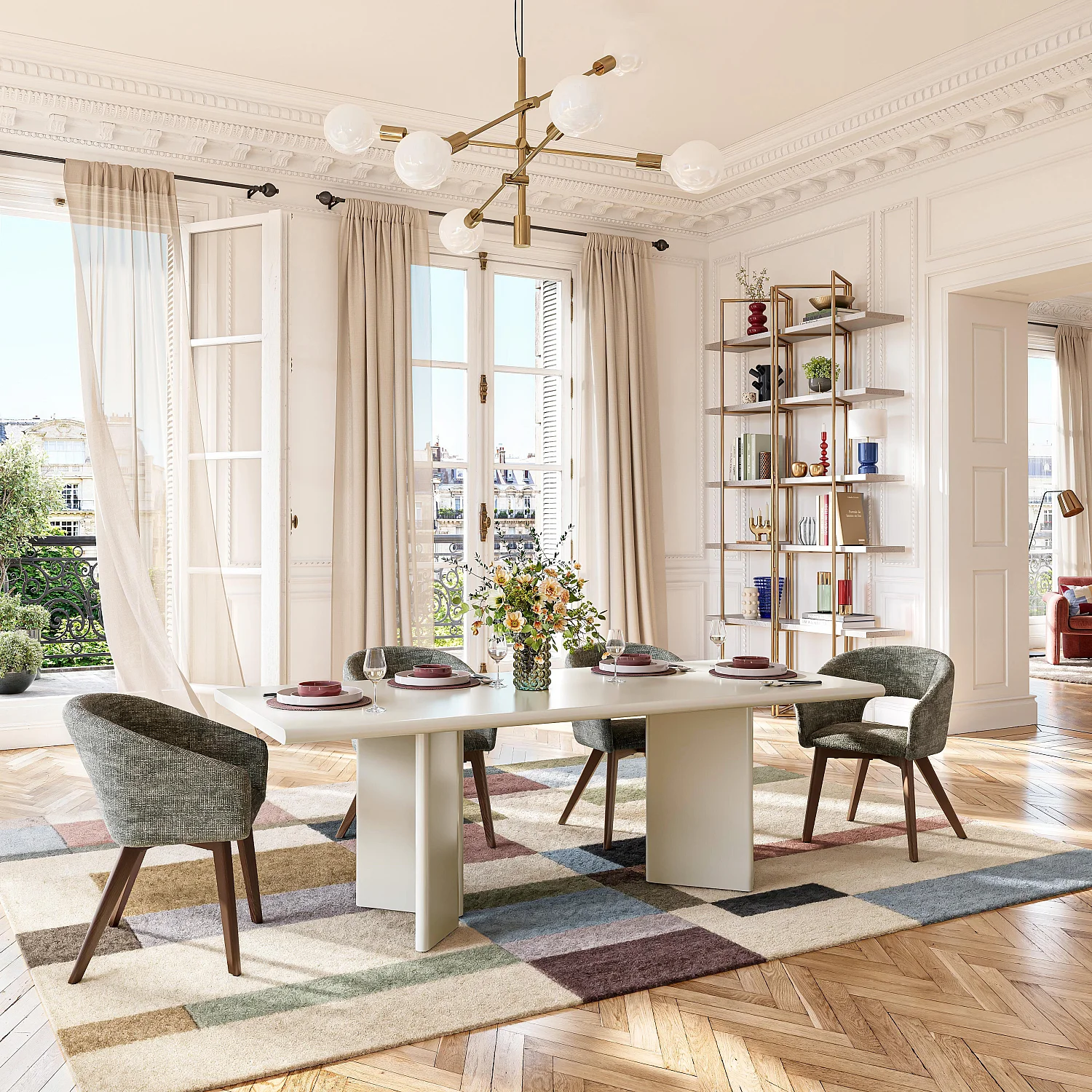 Set van 2 fauteuils van fluweel en massief hout met armleuningen - Groen en walnoot - 3