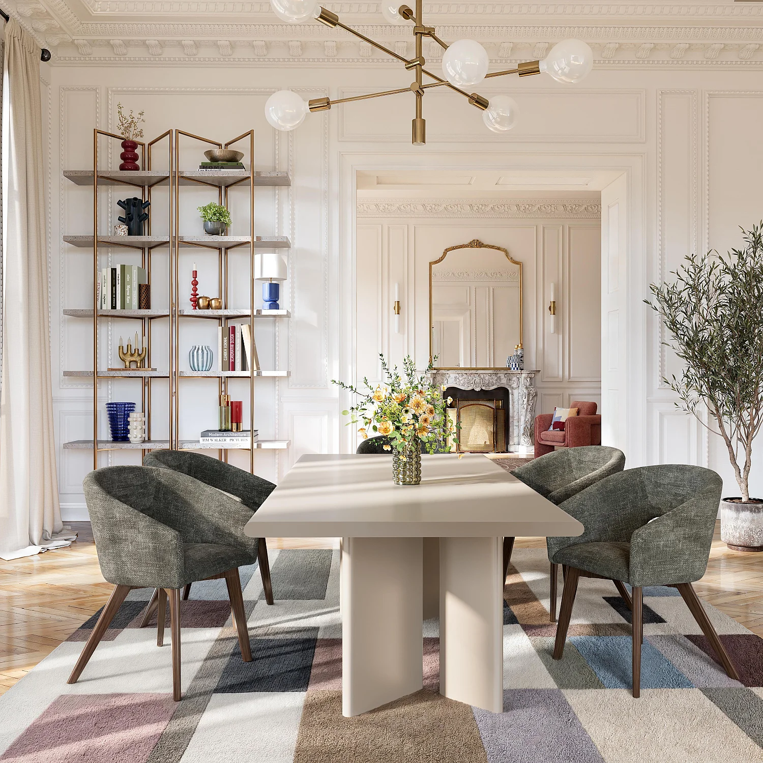 Set van 2 fauteuils van fluweel en massief hout met armleuningen - Groen en walnoot - 1