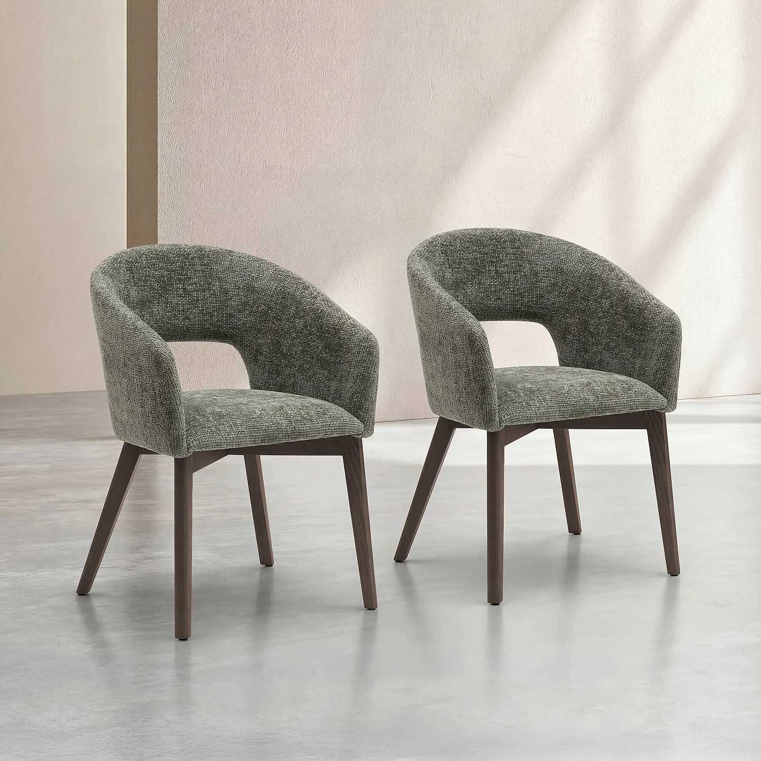 Set van 2 fauteuils van fluweel en massief hout met armleuningen - Groen en walnoot - 1