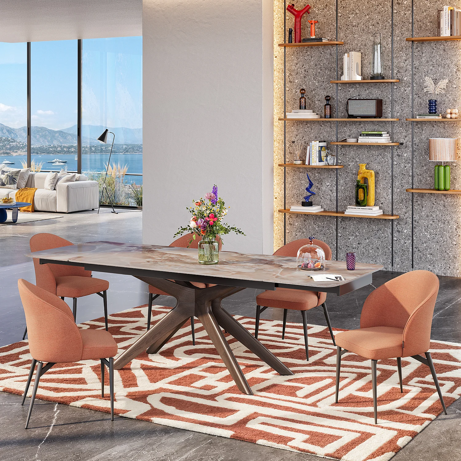 Table rectangulaire extensible en céramique et bois massif finition noyer - Beige ambré - 1