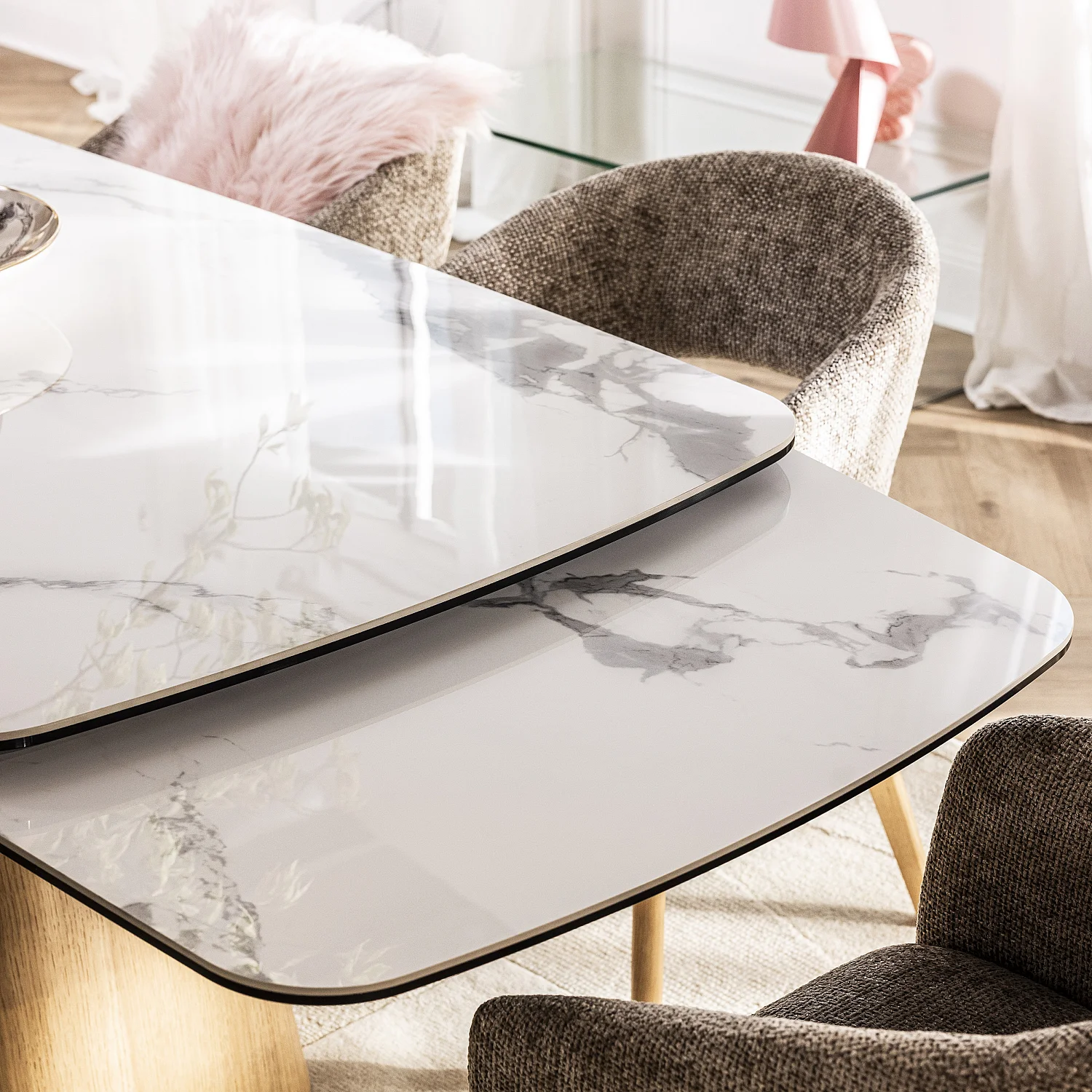 Table rectangulaire extensible en céramique et pied finition chêne - Blanc - 7