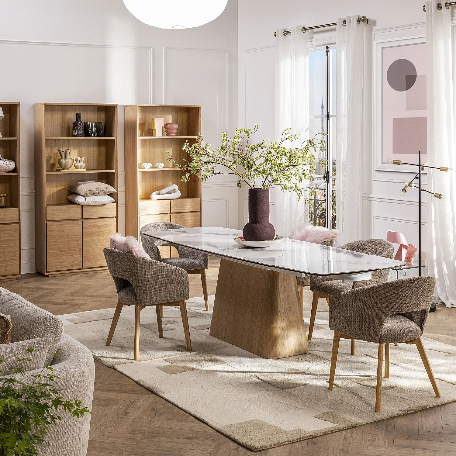 Table rectangulaire extensible en céramique et pied finition chêne - Blanc - 1