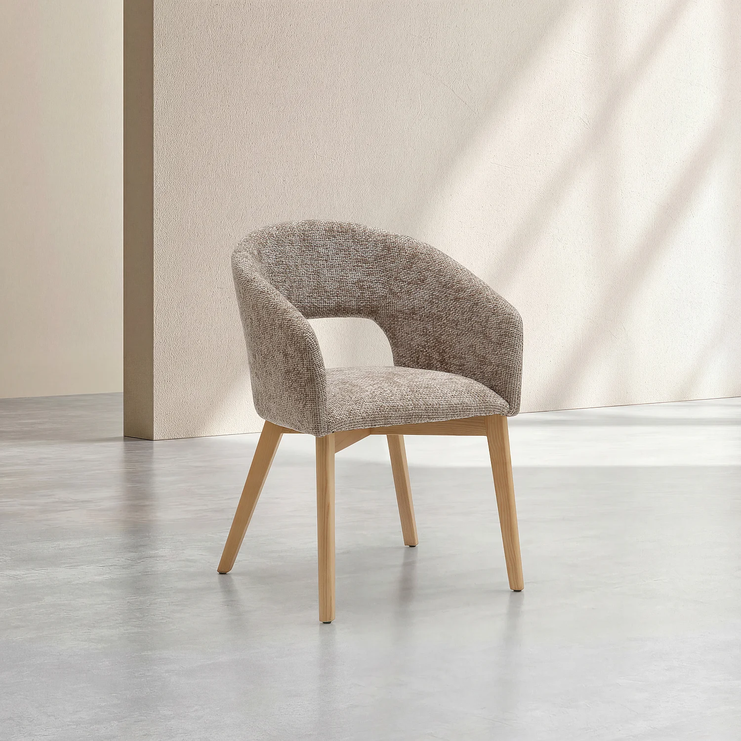 Stuhl 2er-Set - Chenille-Stoff und Massivholz - mit Armlehnen - Beige und Eiche - 9