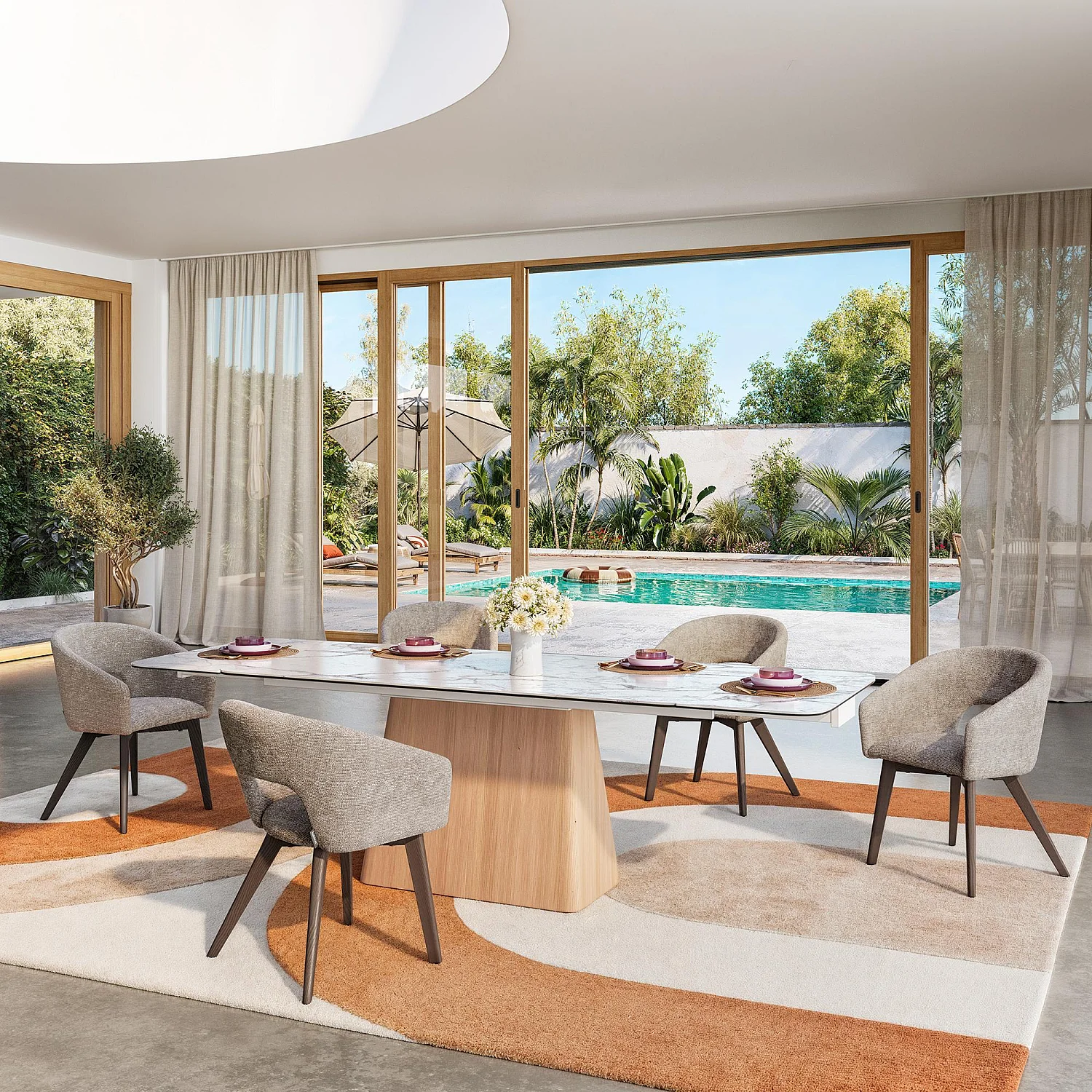 Lot de 2 chaises en tissu chenille et bois massif avec accoudoirs - Beige et noyer - 1