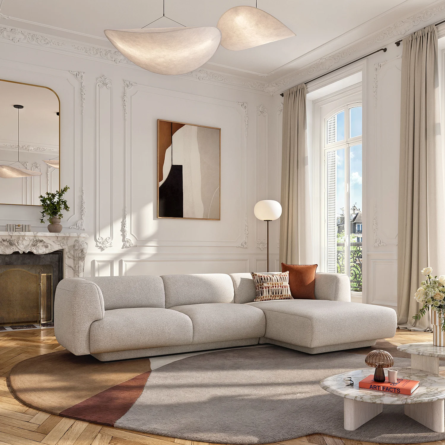 Grand canapé d'angle droit en tissu texturé - Grège - Design by Federica Francini - 1