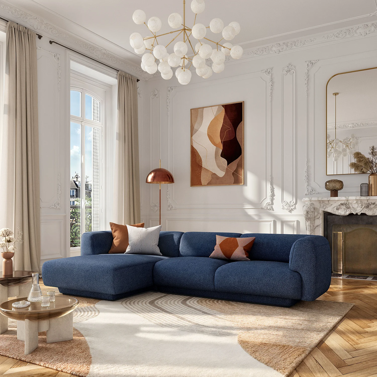 Grand canapé d'angle gauche en tissu texturé - Bleu marine - Design by Federica Francini - 1