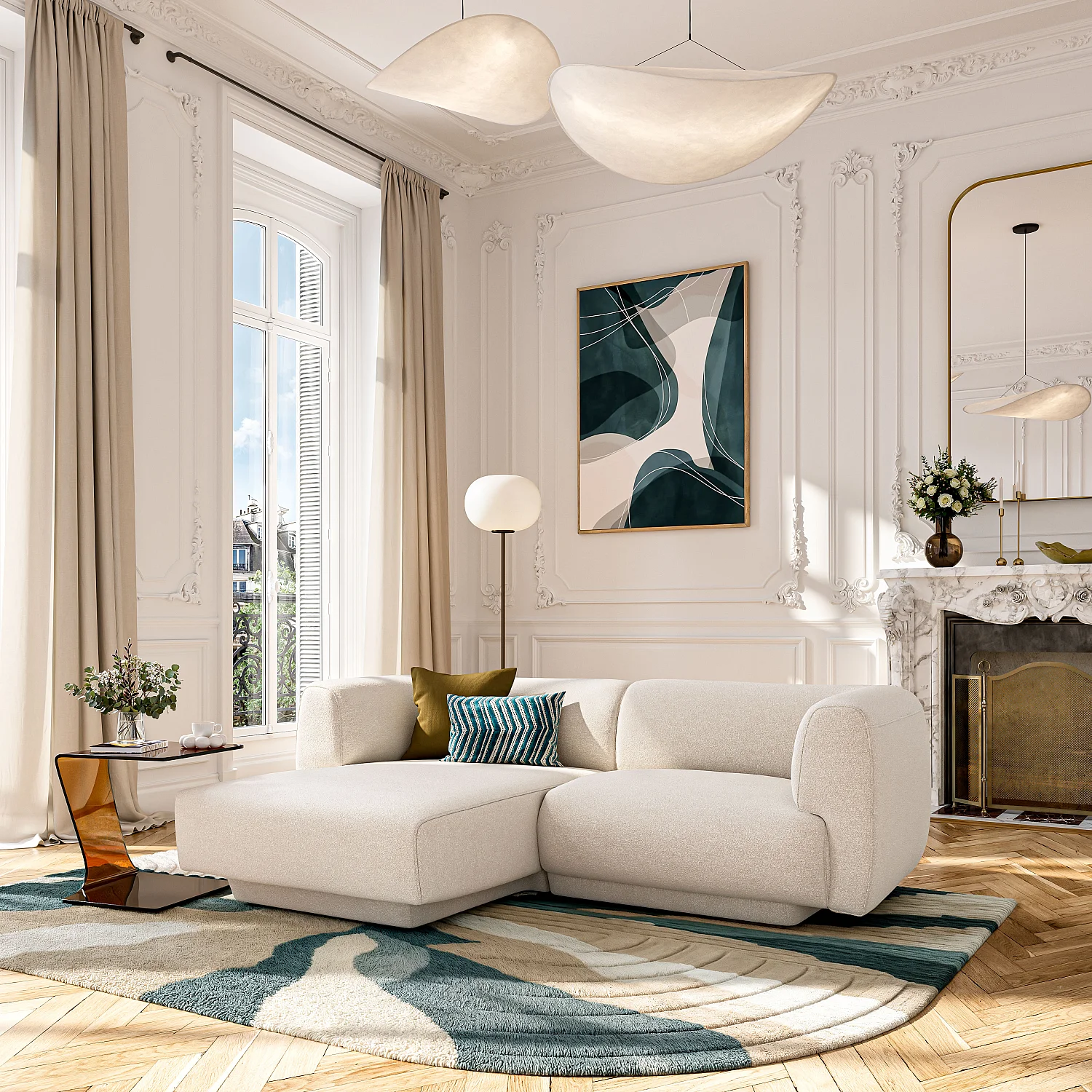 Canapé d'angle gauche en tissu texturé - Beige vanille - Design by Federica Francini - 1