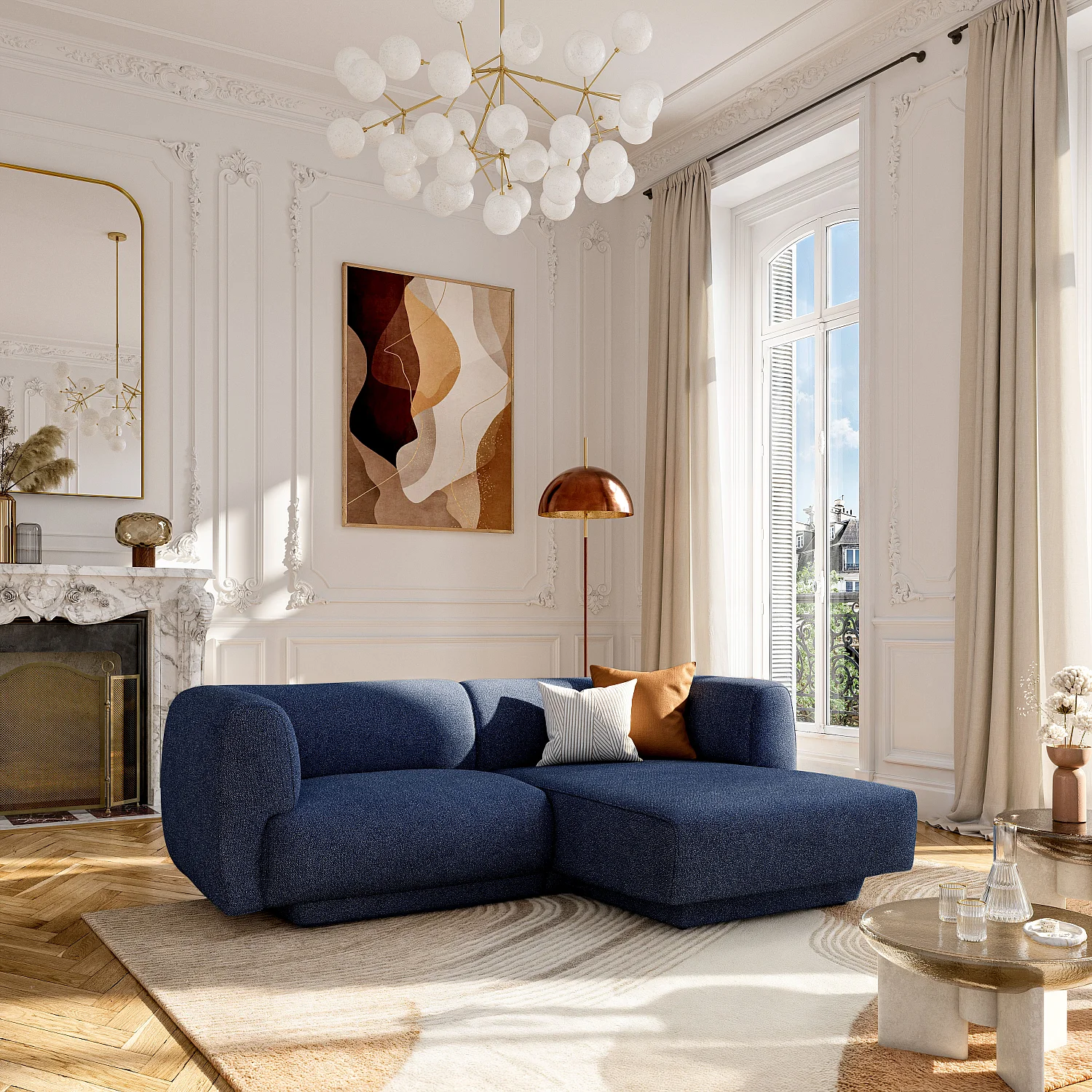 Hoekbank recht met 3 zitplaatsen in gestructureerde stof - Marineblauw - Design by Federica Francini - 1