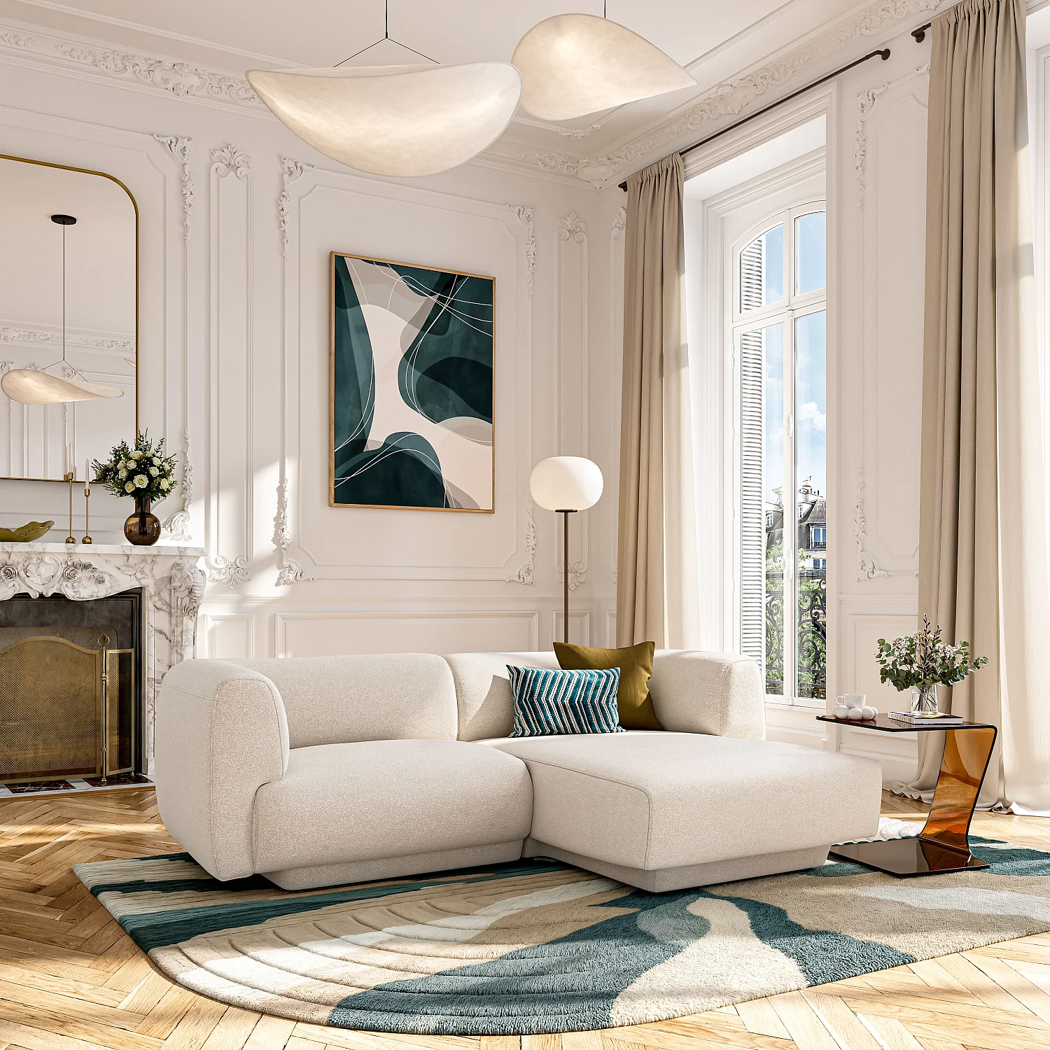 Hoekbank recht met 3 zitplaatsen in gestructureerde stof - Vanille Beige - Design by Federica Francini - 1