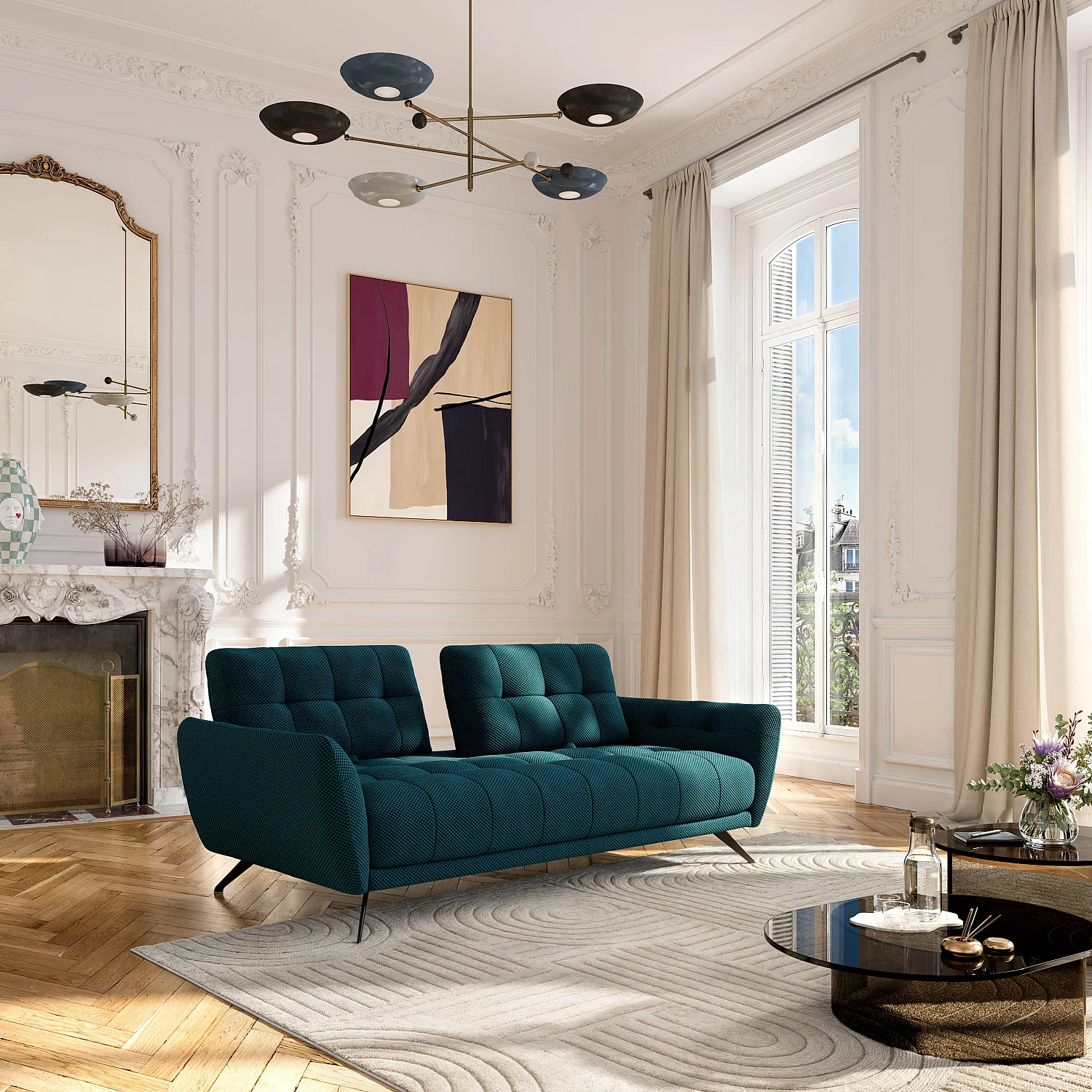 Sofa 3-Sitzer - mit verstellbarer Rückenlehne - 3D-Gewebe - Blaugrün - 1