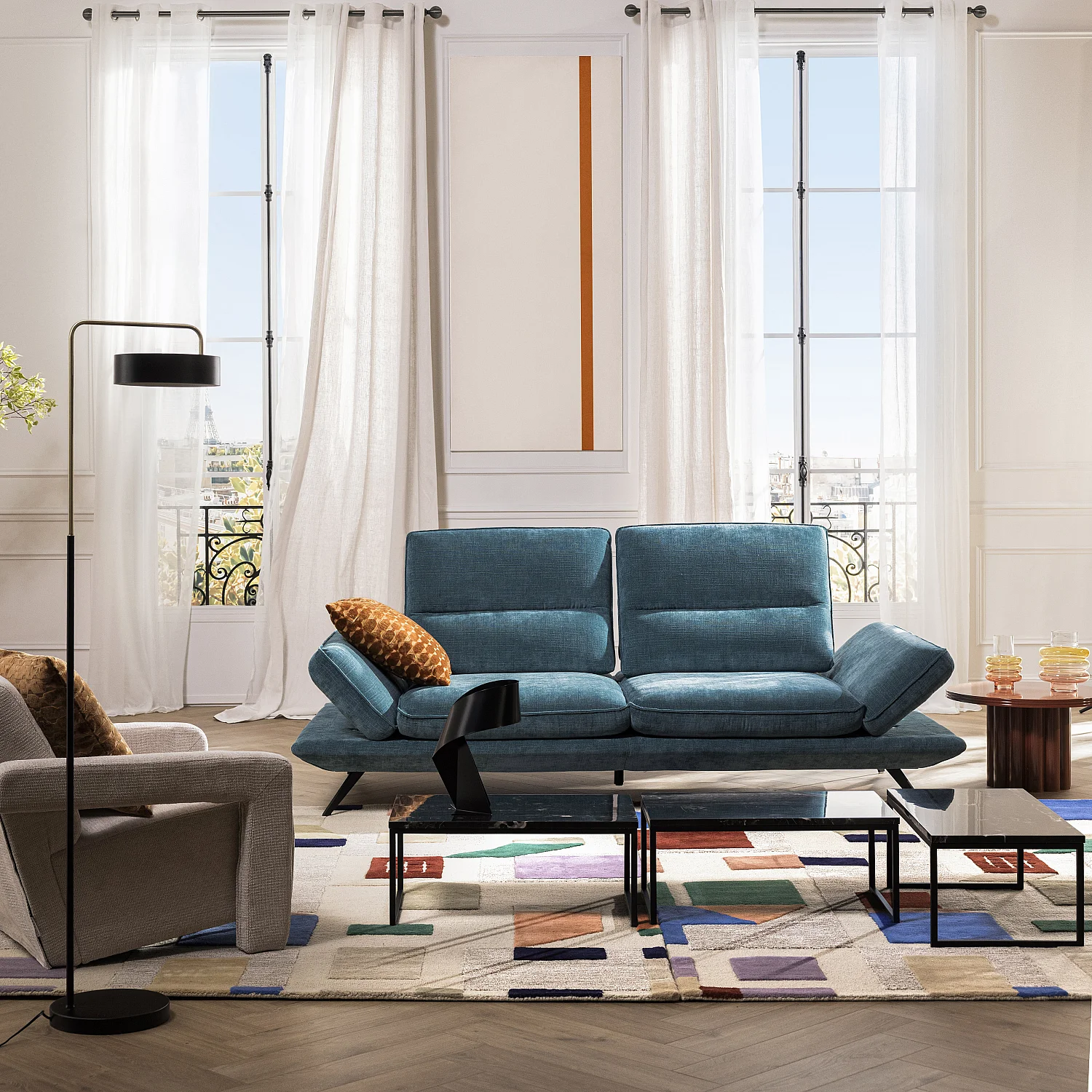 Canapé 3 places en tissu avec dossier avance-recule - Bleu canard - 9