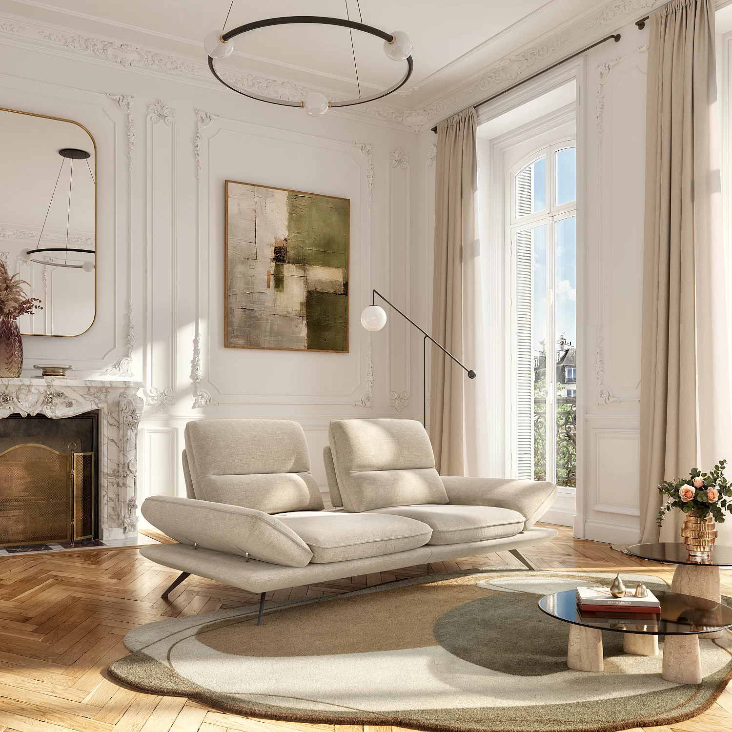 Sofa 3-Sitzer - mit verstellbarer Rückenlehne - Stoff - Cremefarben - 1