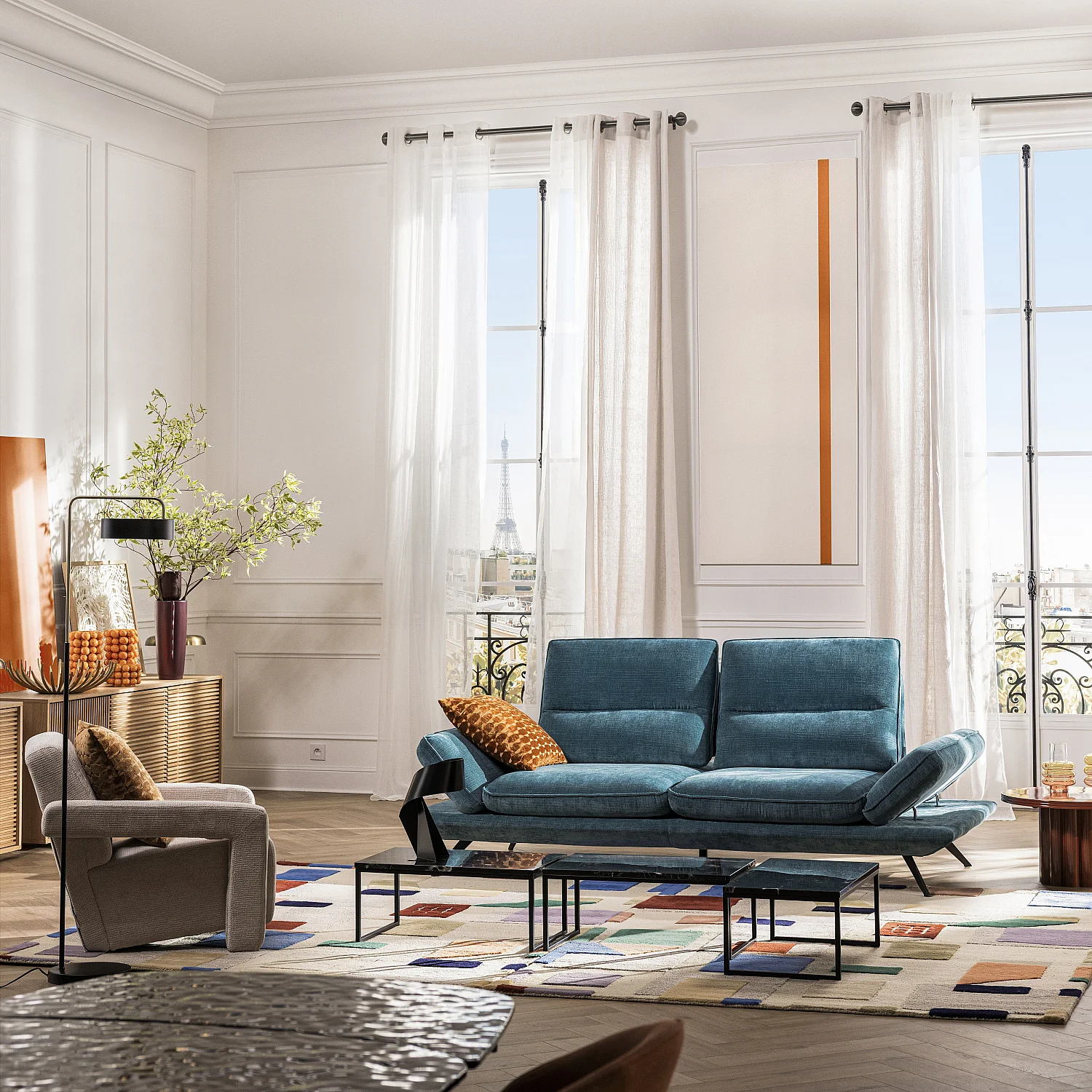 Sofa 3-Sitzer - mit verstellbarer Rückenlehne - Stoff - Cremefarben - 8