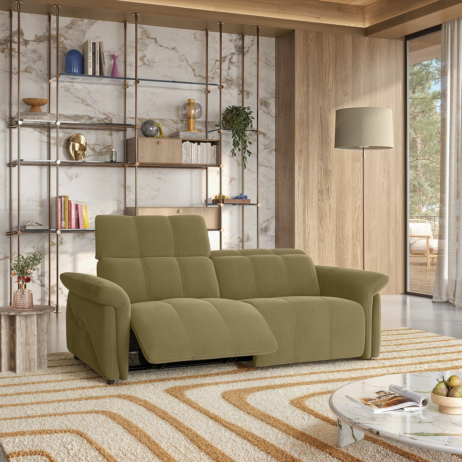 Relaxsofa elektrisch 3-Sitzer - Suedine - Olivgrün - 1