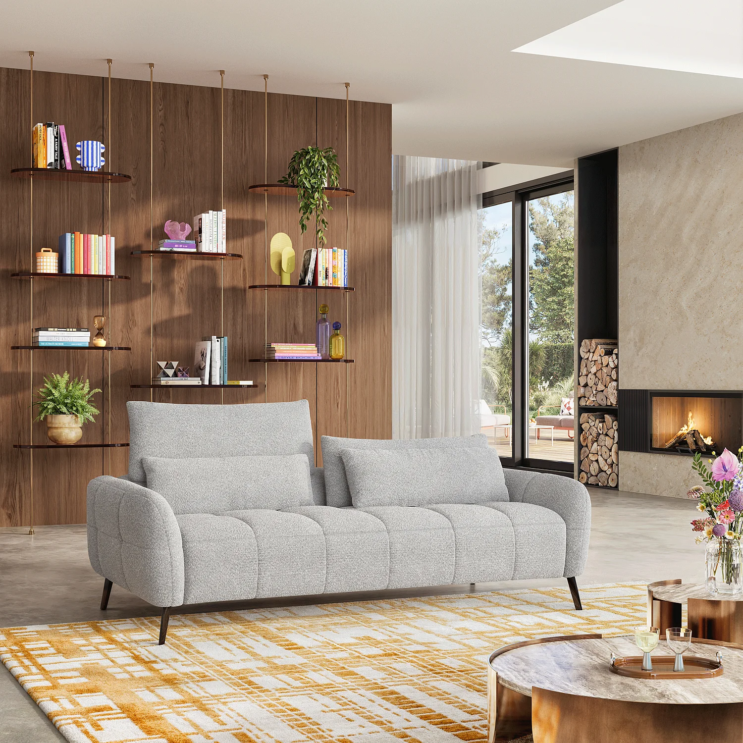 Driezits bank met liftfunctie van korte bouclé stof - Poolgrijs - 1