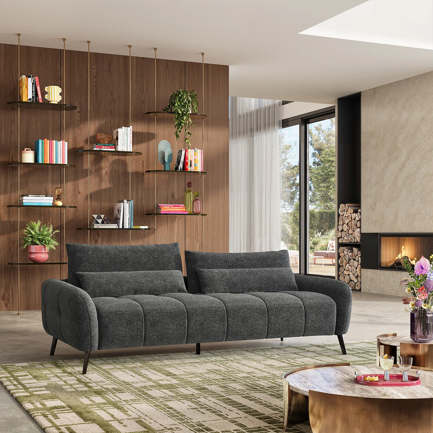 Canapé 3 places dossier relevable déhoussable en tissu bouclette courte - Gris anthracite - 1