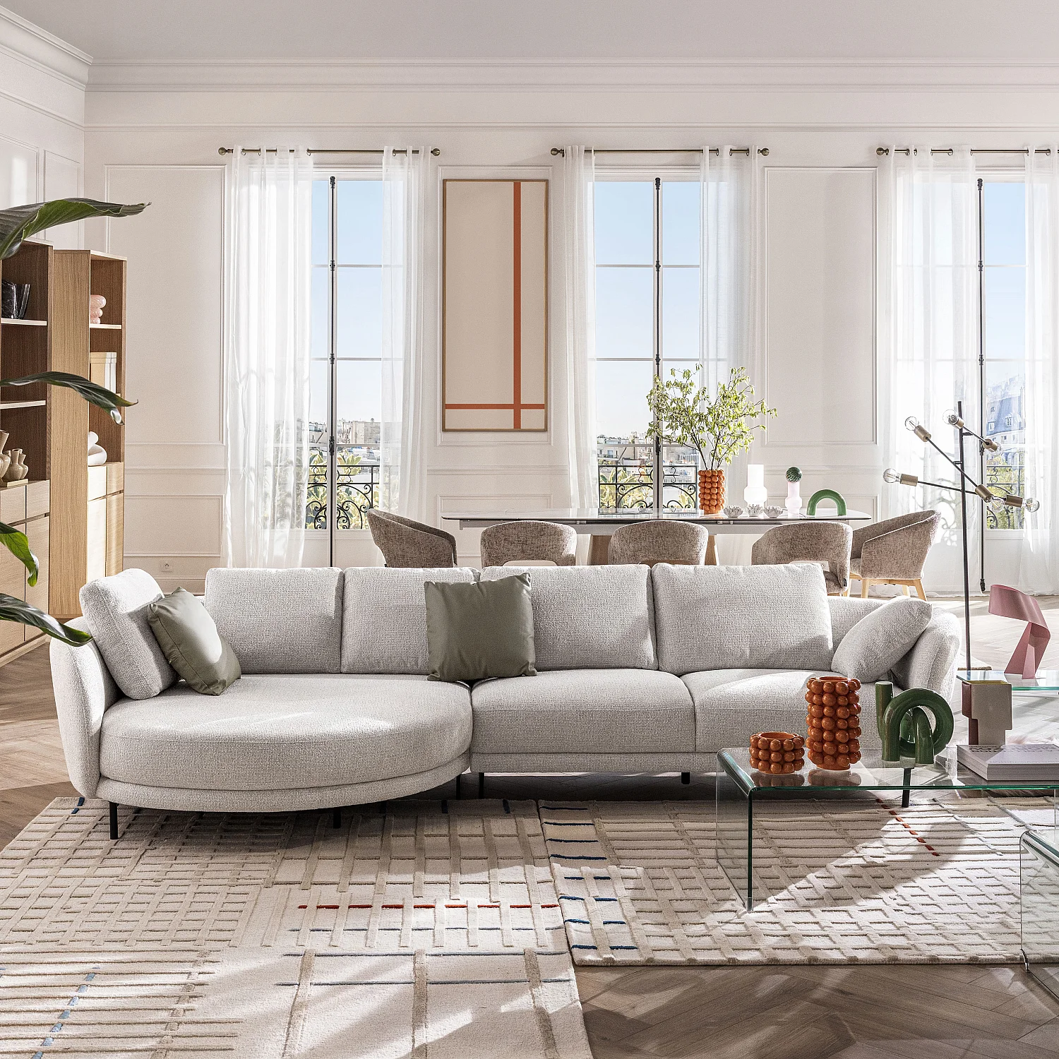 Canapé d'angle gauche déhoussable en tissu et dossier garni de plumes - Écru mélangé - Design by Federica Francini - 1