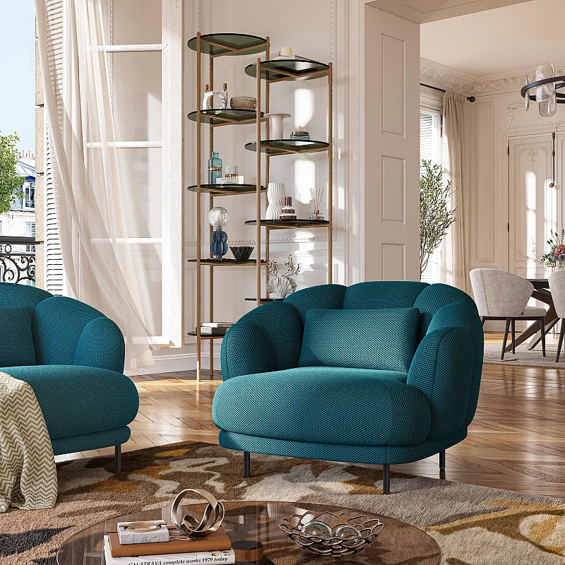 Fauteuil Habitat Antoine Velours Bleu Canard, Très Bon état, 79x65x77 Cm, Pour Salon Ou Chambre