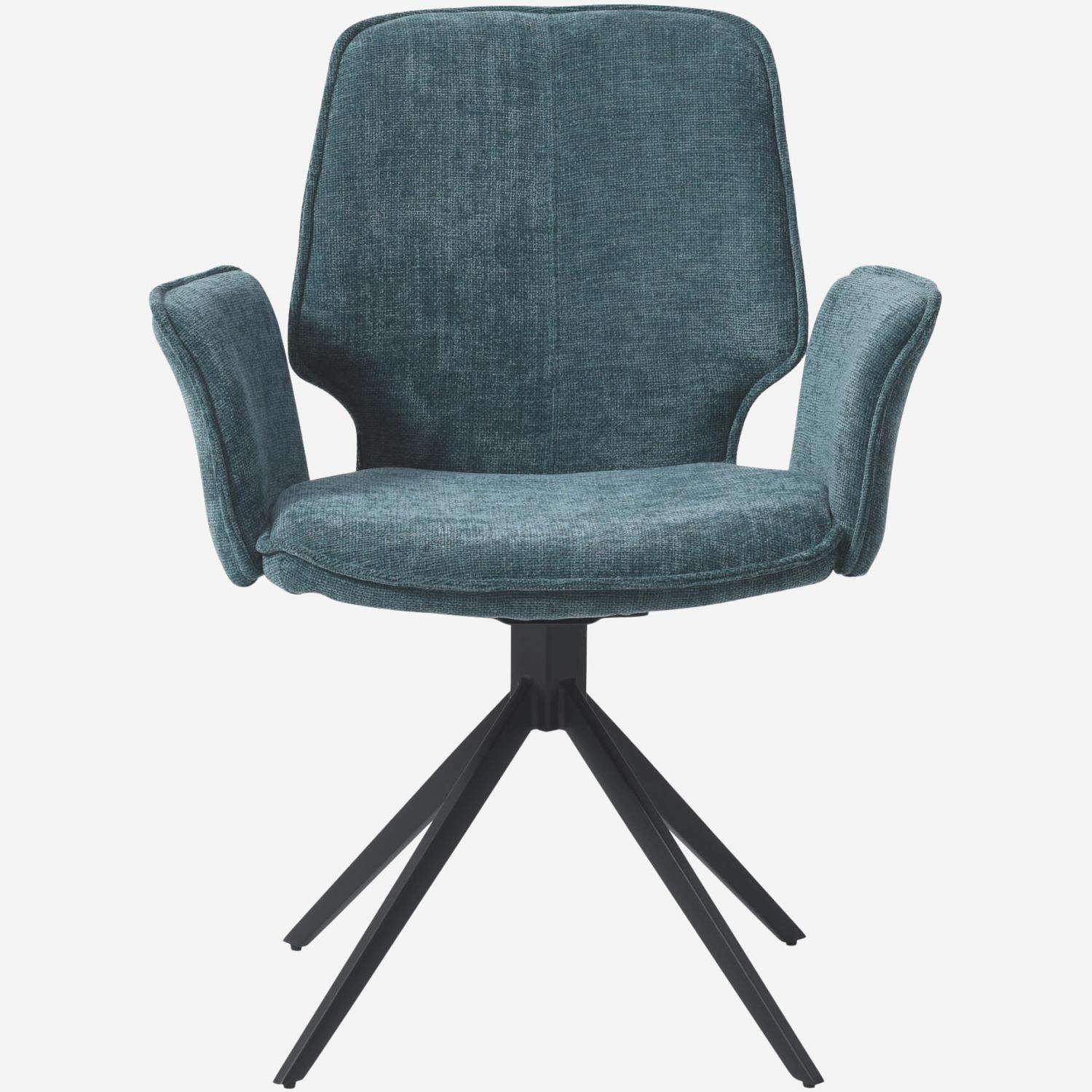 Lot de 2 chaises pivotantes en tissu chenille et métal noir avec accoudoirs - Bleu canard