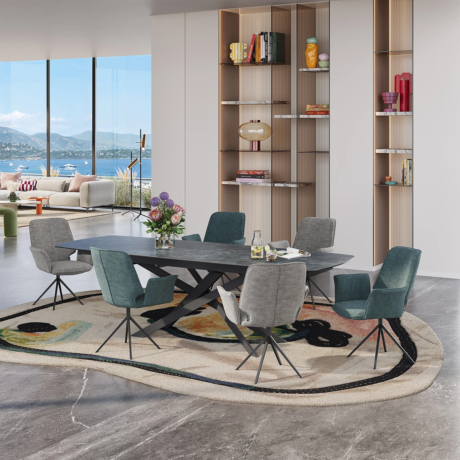 Lot de 2 chaises pivotantes en tissu chenille et métal noir avec accoudoirs - Gris fumé - 1