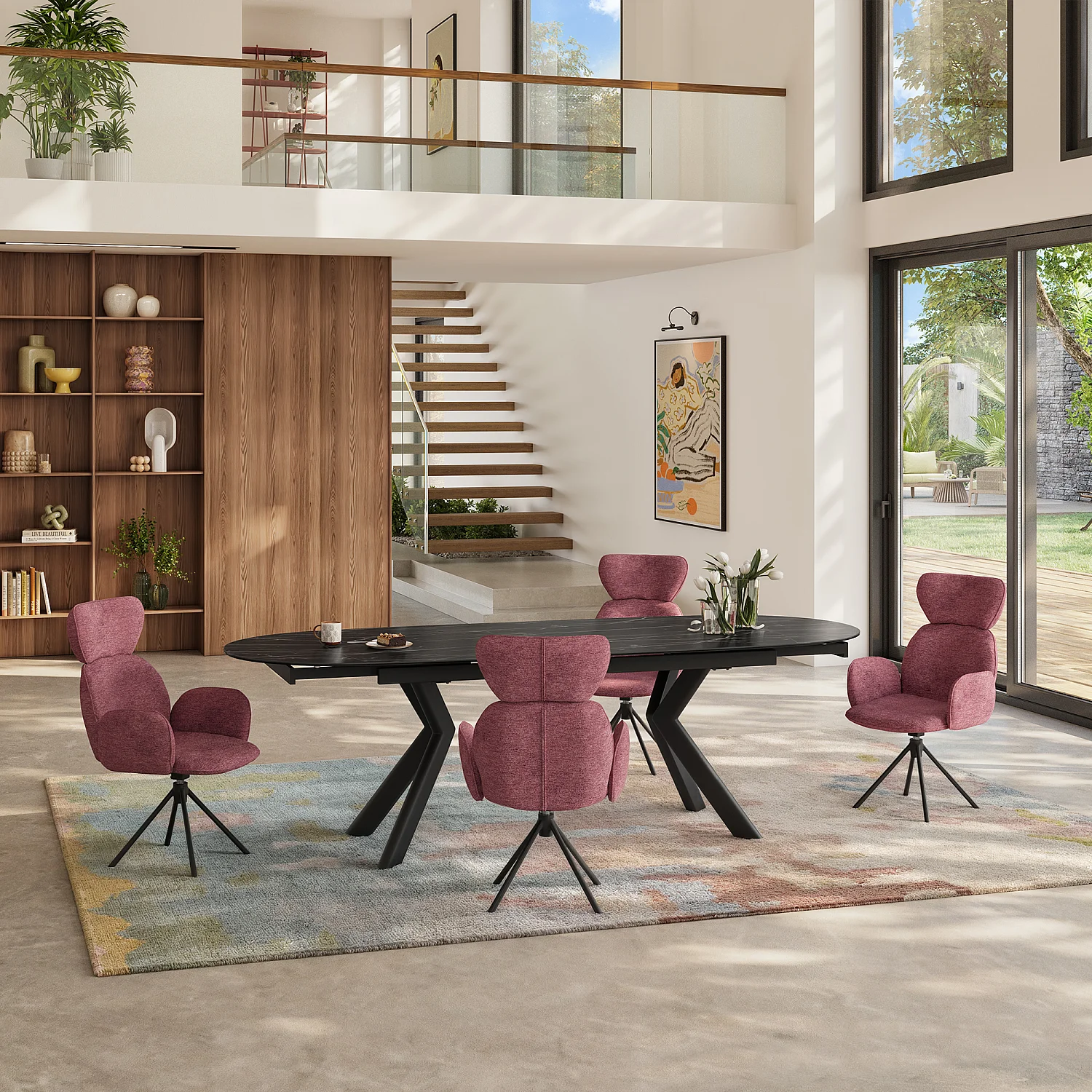 Set di 2 sedie girevoli in tessuto e metallo nero con braccioli - Rosso prugna - 1