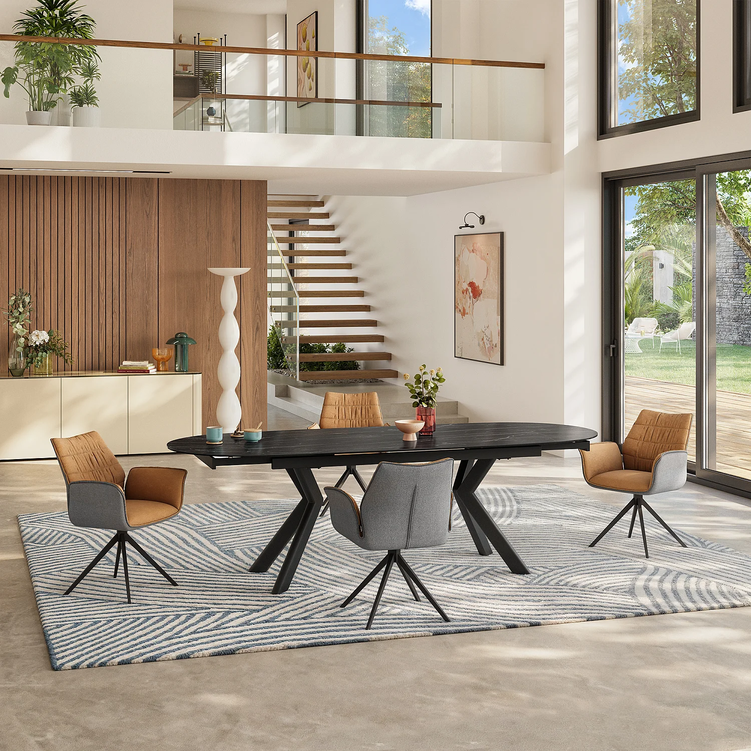 Set van 2 stoelen van stof en zwart metaal met armleuningen - Oker en grijs - 1