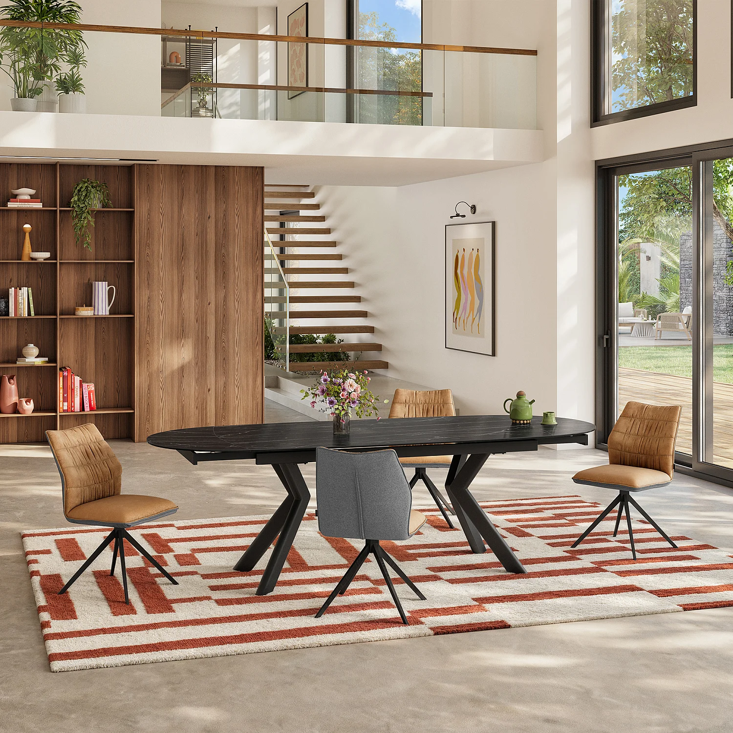 Stuhl 2er-Set - Stoff und schwarzes Metall - Ocker und Grau - 1