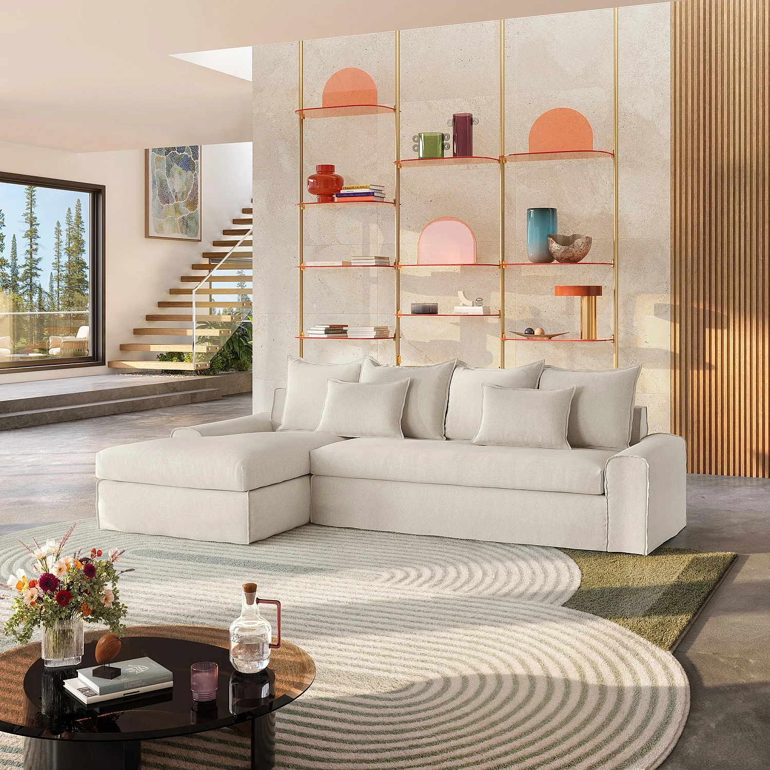 Ecksofa - Ecke links - mit abnehmbarem Bezug aus Baumwolle und Leinen - mit Federfüllung - Sandweiß - 1