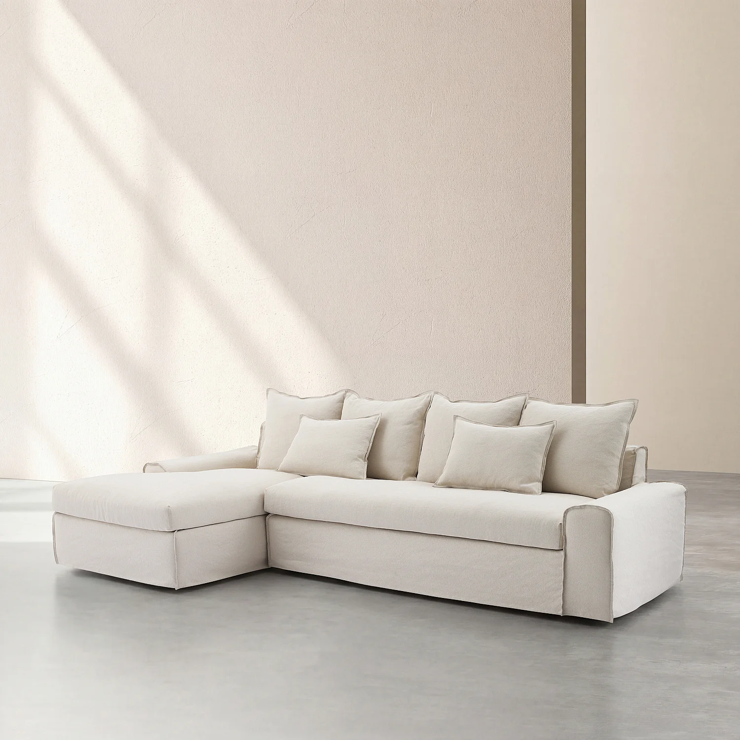 Divano angolare sinistro sfoderabile in cotone e lino imbottito di piume - Sabbia bianca - 6