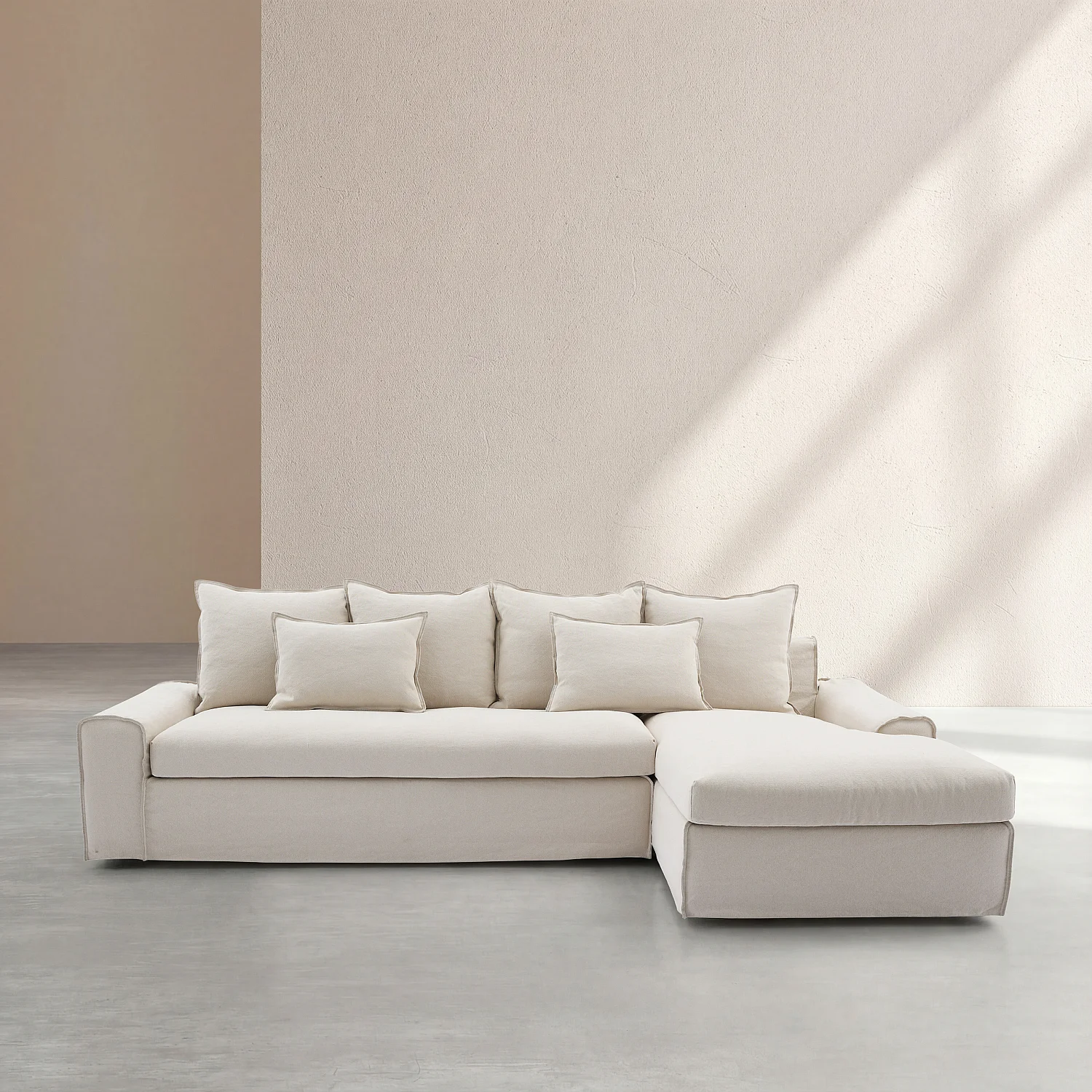 Divano angolare destro sfoderabile in cotone e lino imbottito di piume - Sabbia bianca - 2