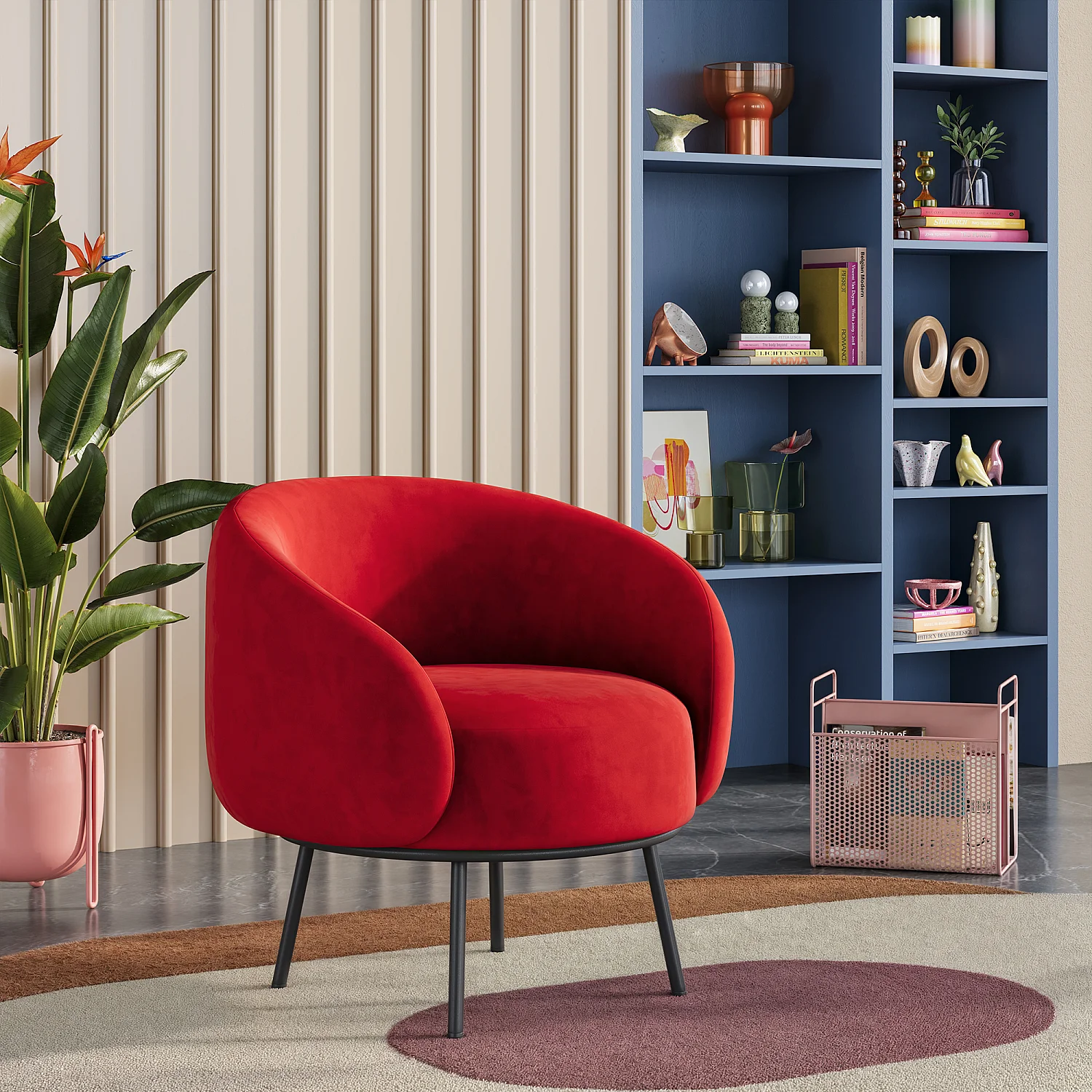 Fauteuil en velours et métal - Rouge framboise et noir - Design by Adrien Carvès - 1