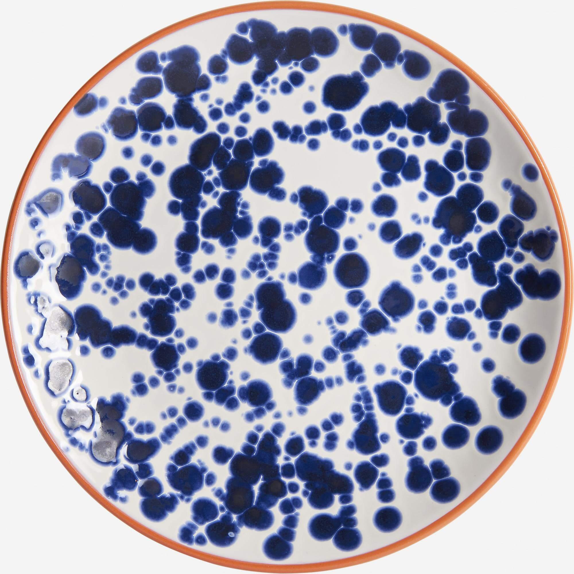 Flat plate 28cm made of terracotta, white and blue (Set of 6)